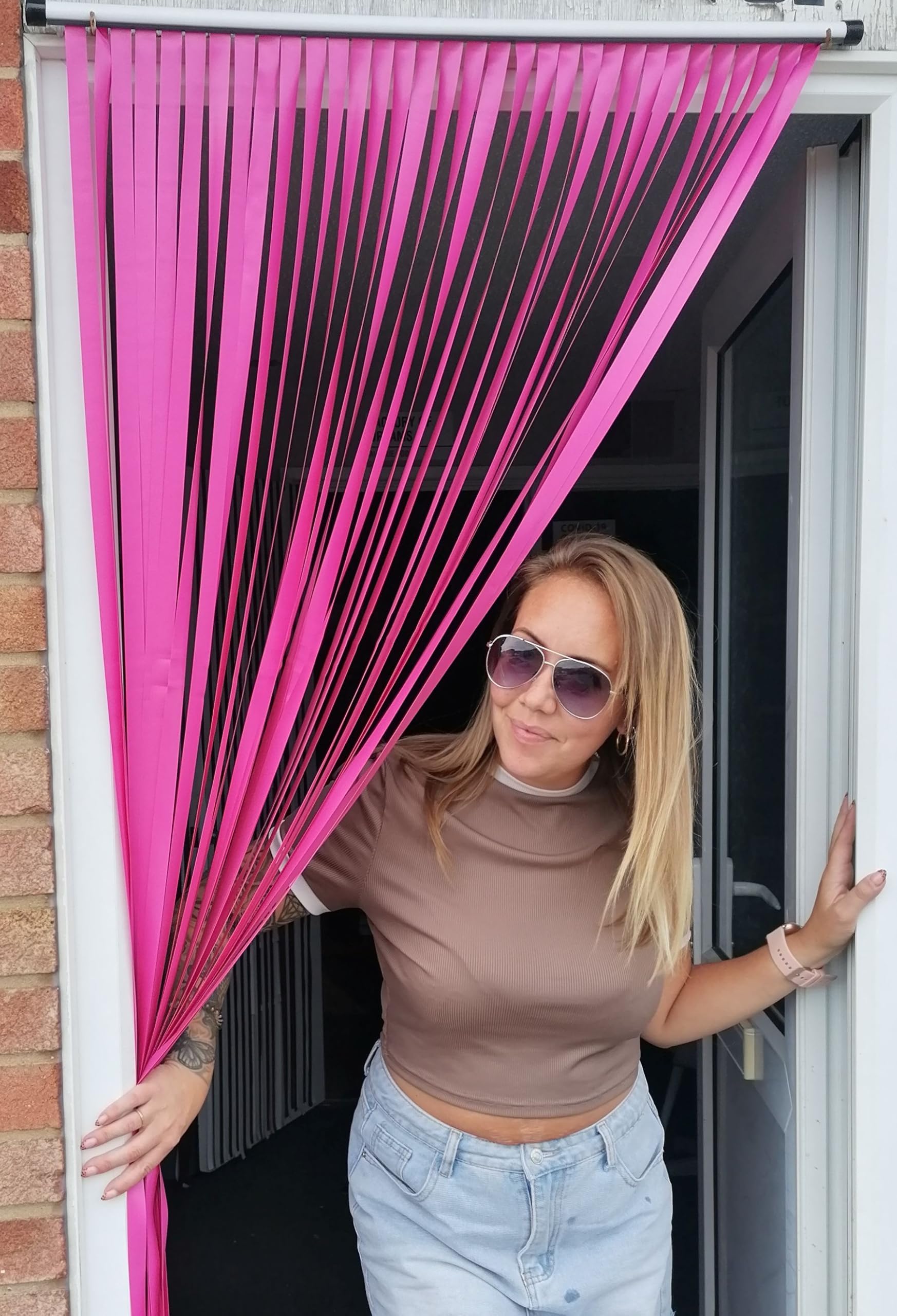 Rideau de porte rose fluo 80 cm avec crochets adhésifs pour cadre uPVC