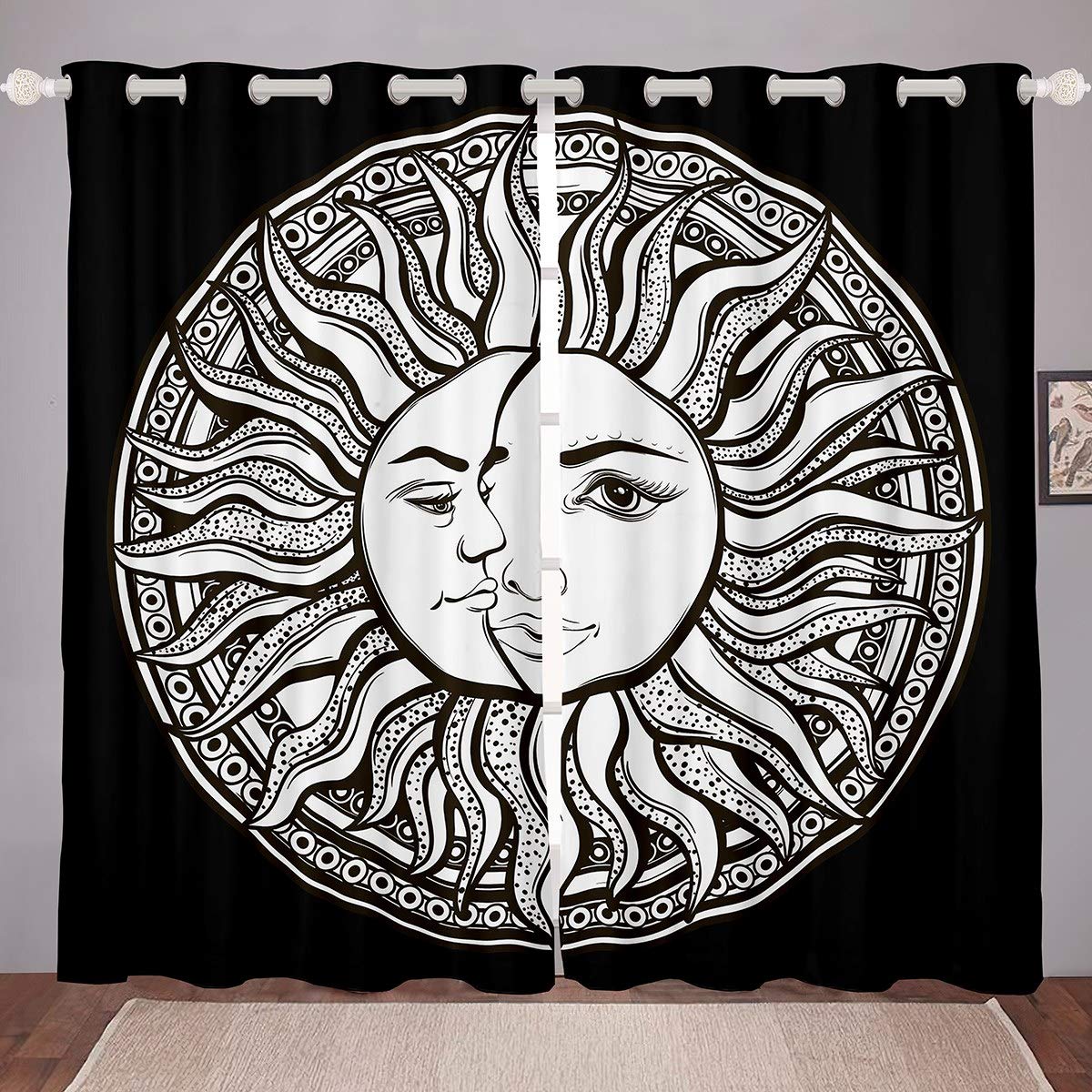Loussiesd Bohemian Mandala Curtains Sun Moon Curtains for Bedroom Living Room for Kids Teens Adult Boho Exotic Tribal Windows Drapes Astrology Themed Room Decoration,W46*L72