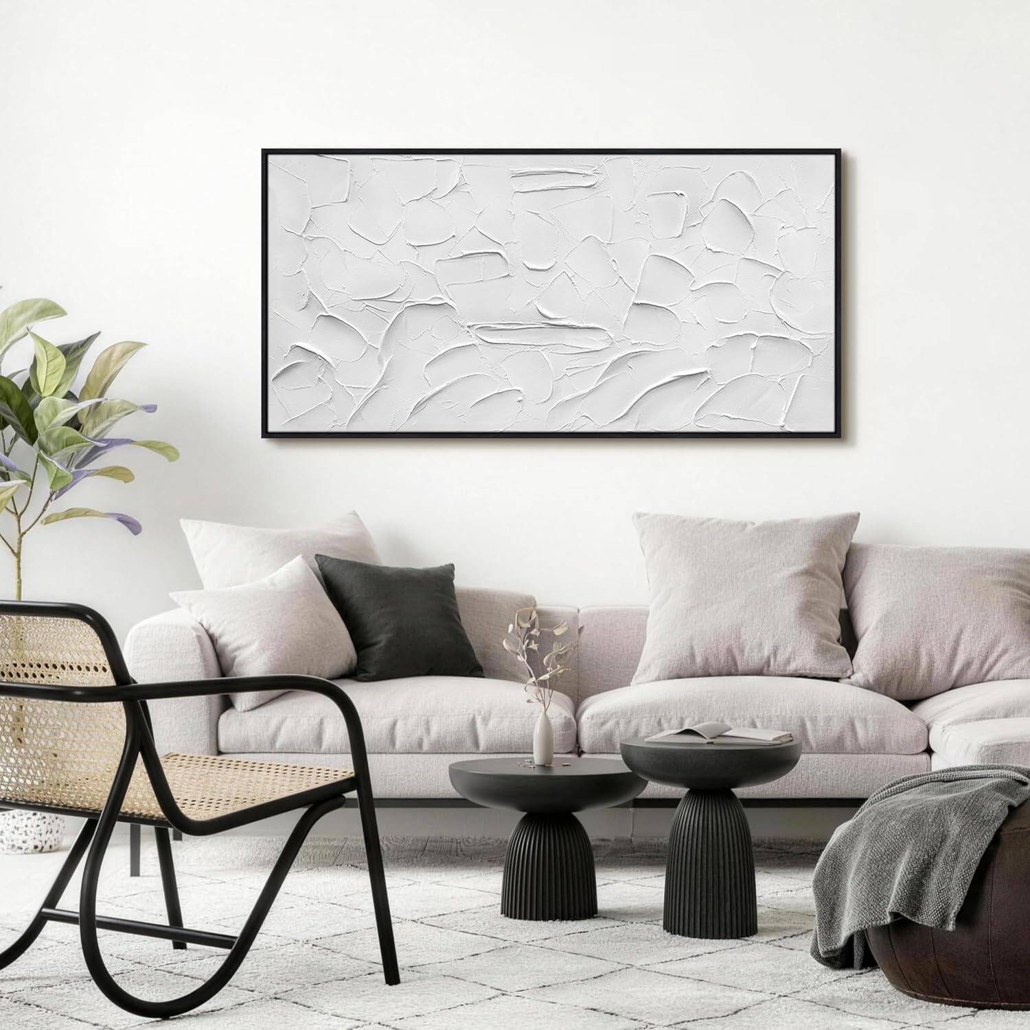 Large Hand-Painted Oil Painting on Canvas Black Frame White Textured Wall Art Abstract Minimalist 3d Artwork Neutral Wall Picture Home Decor for Living Room Bedroom Office Ready to Hang 56x28inch