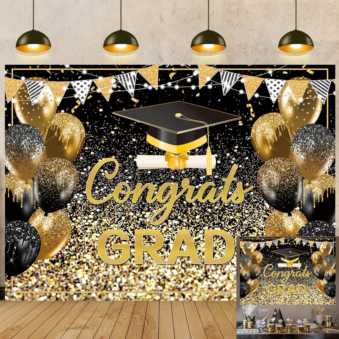 2026 Graduation Backdrop Black Gold Congrats Grad Bachelor Cap Balloon Prom Send Off Photography Background School Celebration Class of 2026 Party Decor Banner Photo Props (Black Gold, 10x8FT)