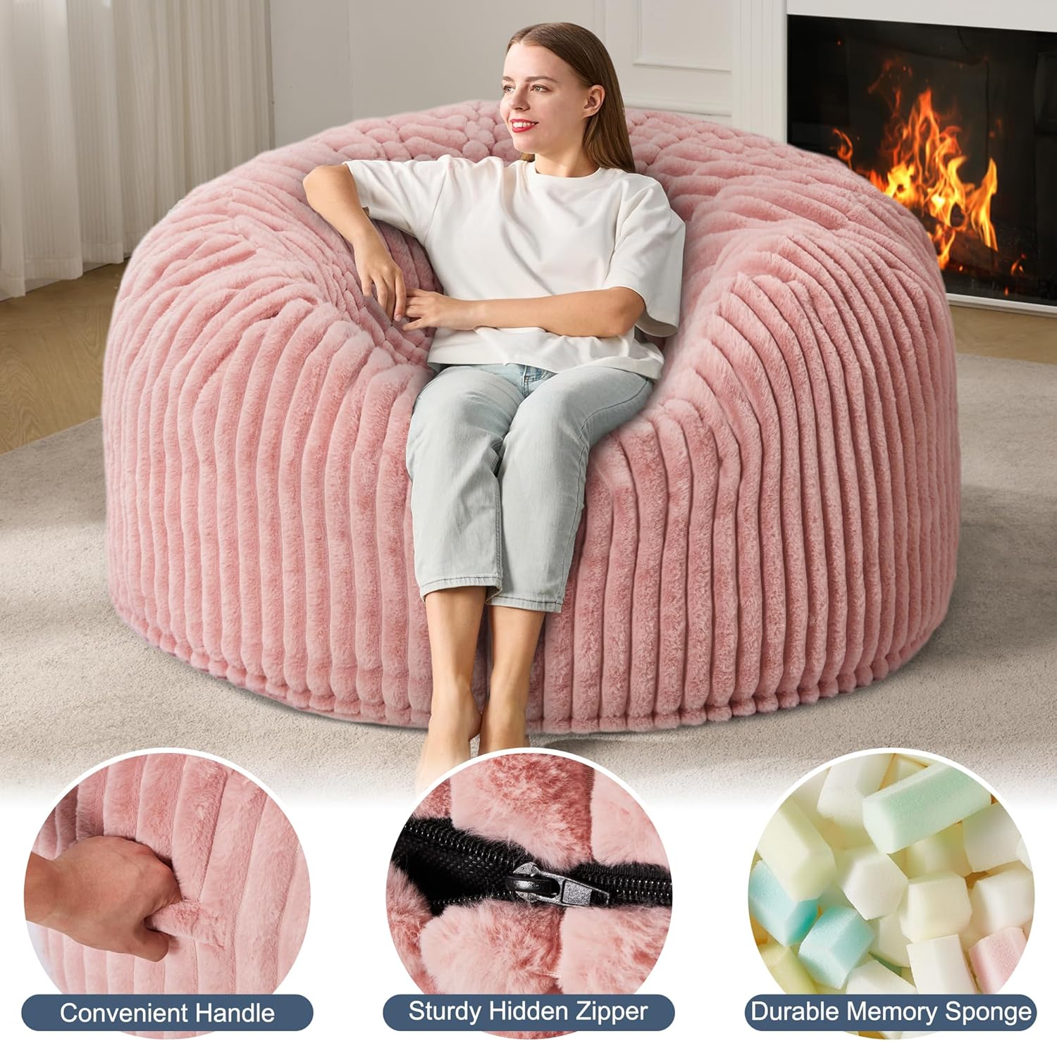 5ft Bean Bag Chairs for Adults Large Beanbag Chair with Stripe Plush Cover Big Bean Bag Chair for Living Room Bedroom Dorm Office - Image 4