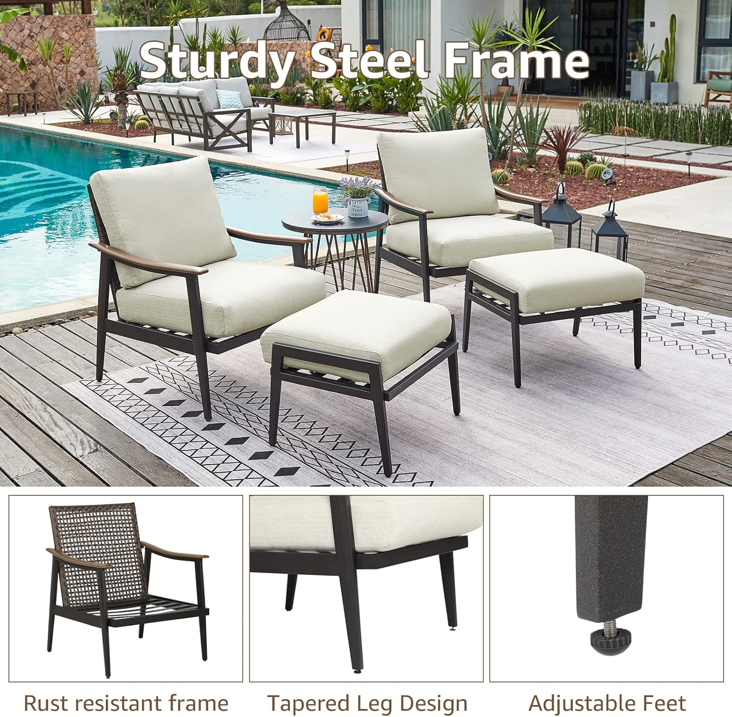 NATURAL EXPRESSIONS Patio Sofa Outdoor Furniture Metal Chair with Wicker Backrest & 6 Inches Cushion for Front, Porch, Deck, Balcony, Backyard, Sunroom, 51.5"(L) x 29.75"(W) x 33.86"(H).
