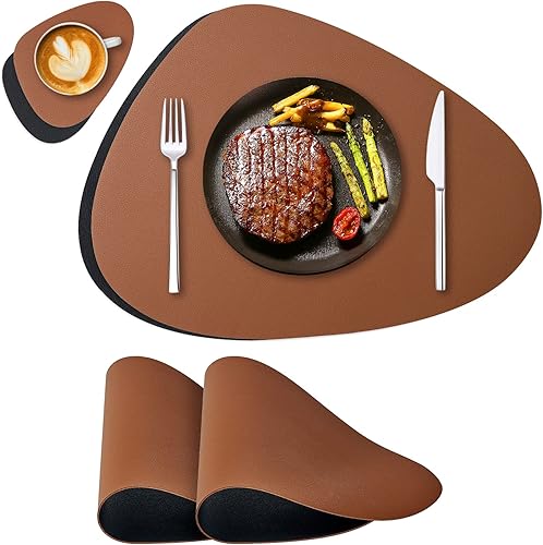 Juego de 8 manteles individuales y posavasos de piel sintética, manteles individuales redondos de doble cara para cocina, comedor, mesa de patio,