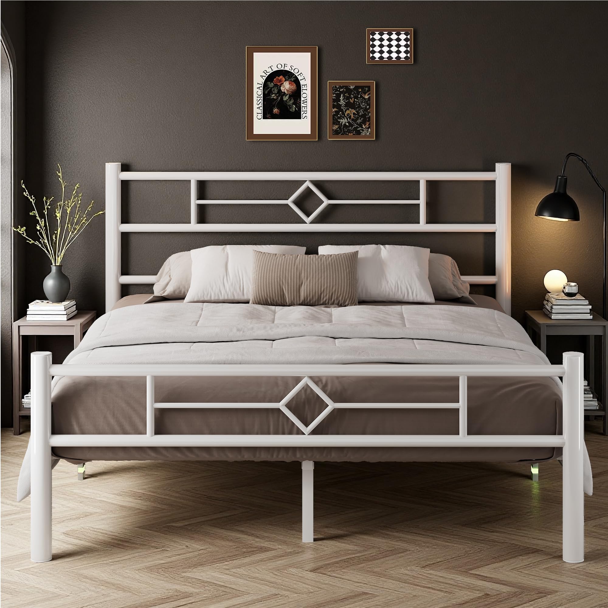 iPormis King Size Bed Frame,150 x 200 cm,with Headboard and Footboard,Metal Bed Frame,300 kg Weight Capacity, Under Bed Storage Space,Easy Assembly,White