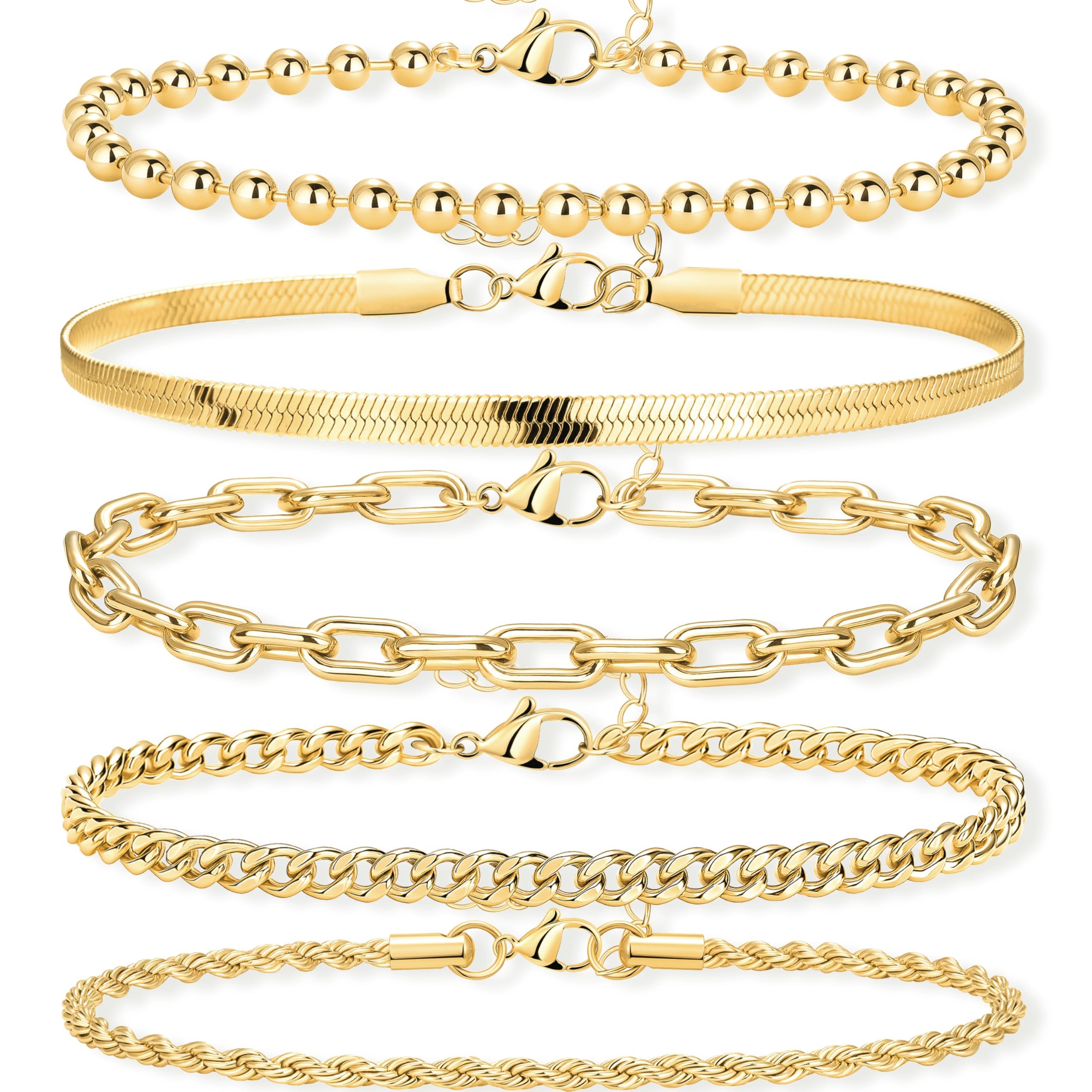 Poxtex 14K Gold Plated Bracelets for Women Waterproof, Non Tarnish Trendy Dainty Minimalist Stackable Jewelry Sets, Herringbone Cuban Paperclip Rope Bead Link Chain Stack Pack, Modern Fashion Accessories Gifts