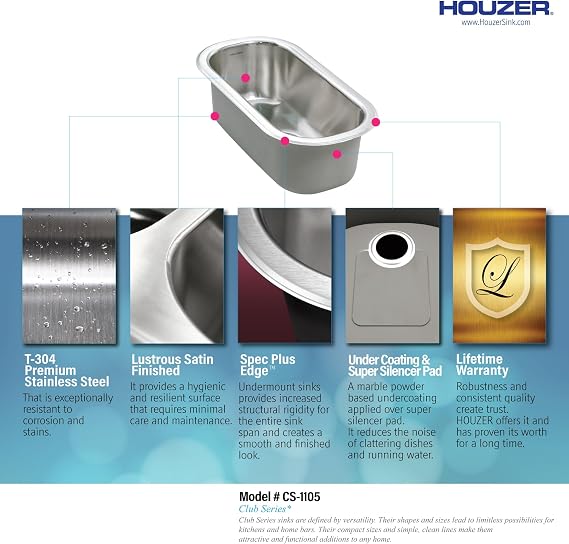 Houzer Club Stainless Steel Kitchen Bar & Prep Sink: 10 Inch Undermount Compact Oval Sink with Strainer & Bottom Grid, Durable & Versatile, Essential for Home & Apartment: CS-1105-C
