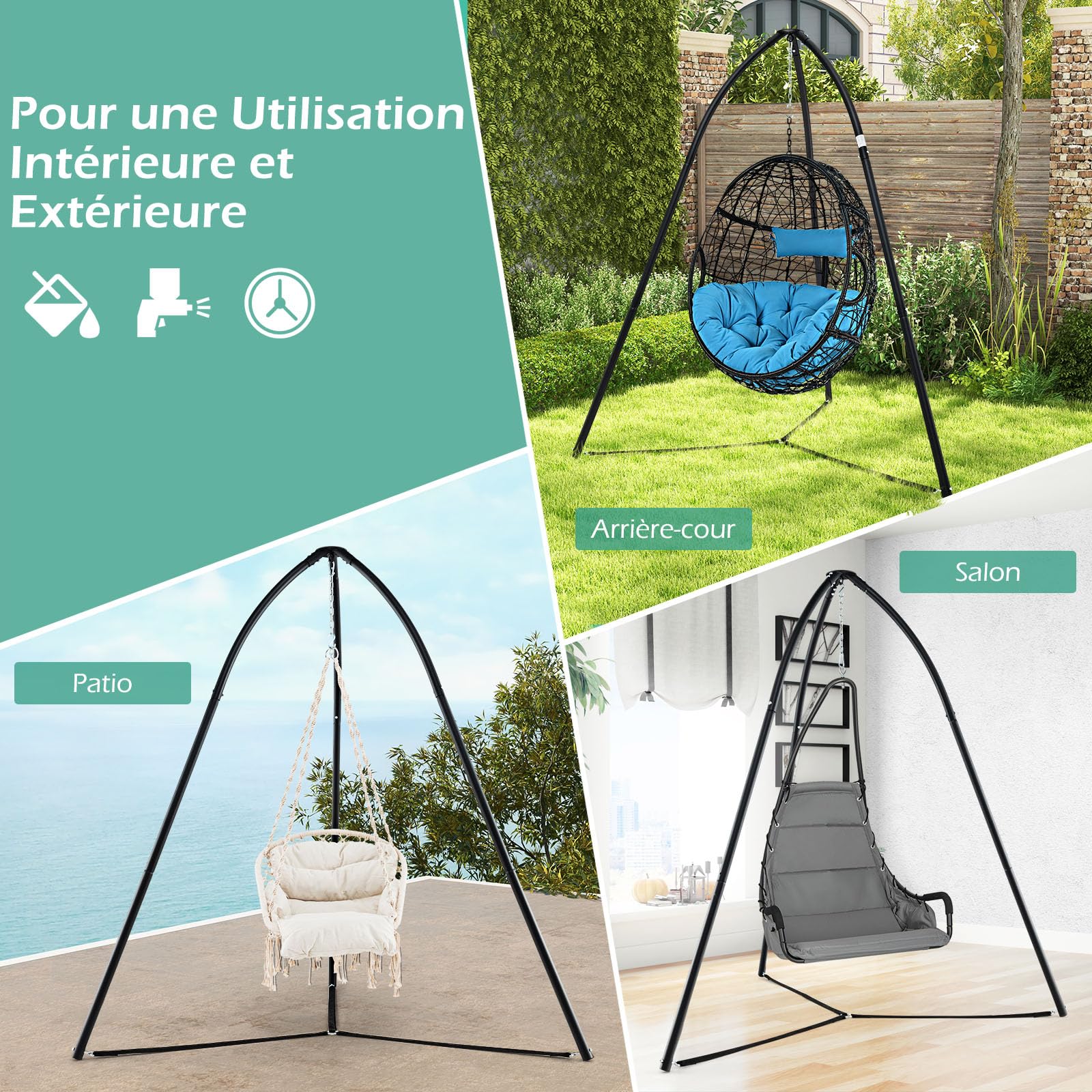 GOPLUS Support de Hamac, Pied de Fauteuil Suspendu, Cadre en Métal Robuste, Support de Balançoire Intérieur et Extérieur, Capacité 200 kg, Support de Chaise Œuf, pour Patio, Jardin