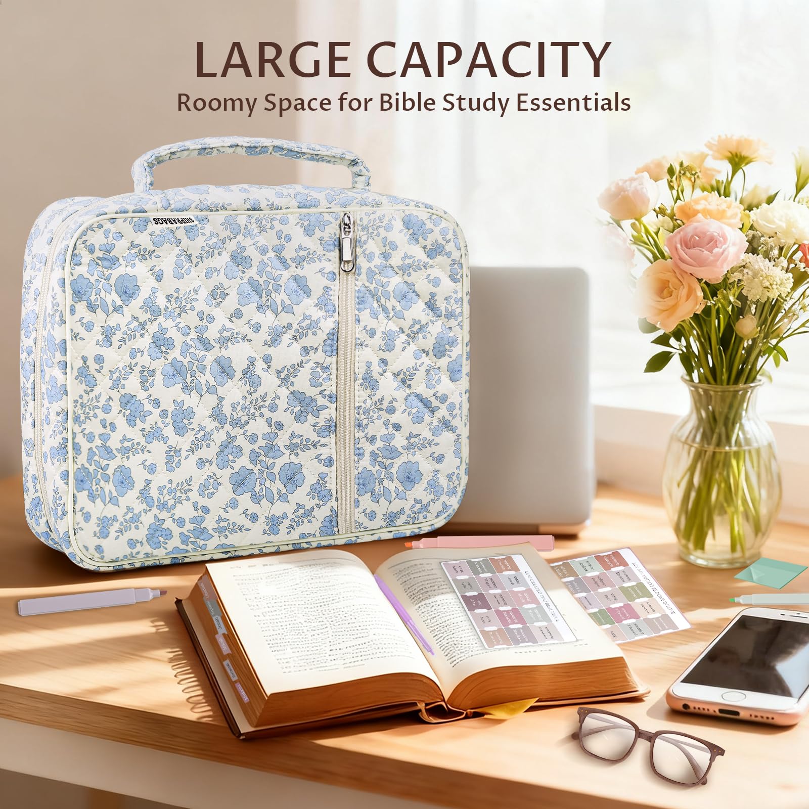 Gesteppte Bibelhülle für Frauen mit Bibelstudiumsbedarf, Journaling-Set, Blumen-Bibeltasche, Tragetasche mit pastellfarbenen Textmarkern, christliche Geschenke für Frauen (blaues