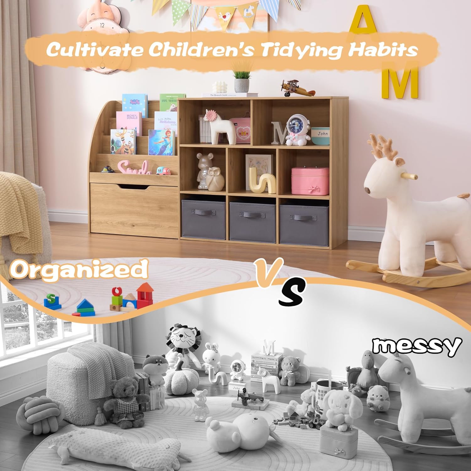 Fatmok Kids Bookshelf and Toy Storage, Toy Storage Organizers with Movable Drawers & 3 Storage Bins, Kids Reading Nook Toy Organizers Shelf with 5 Cubbies, Natral Wood