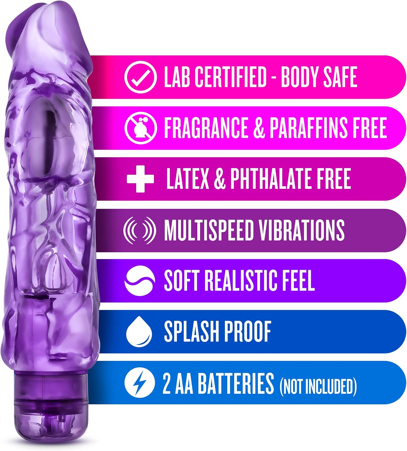 Blush Wild Ride - 9" Long Soft Large 2" Thick Realistic Vibrating Dildo - Multi Speed Powerful Vibrator - IPX7 Waterproof - Body Safe - Adult Pleasure Sex Toy for Women Men Couples - Clear Purple