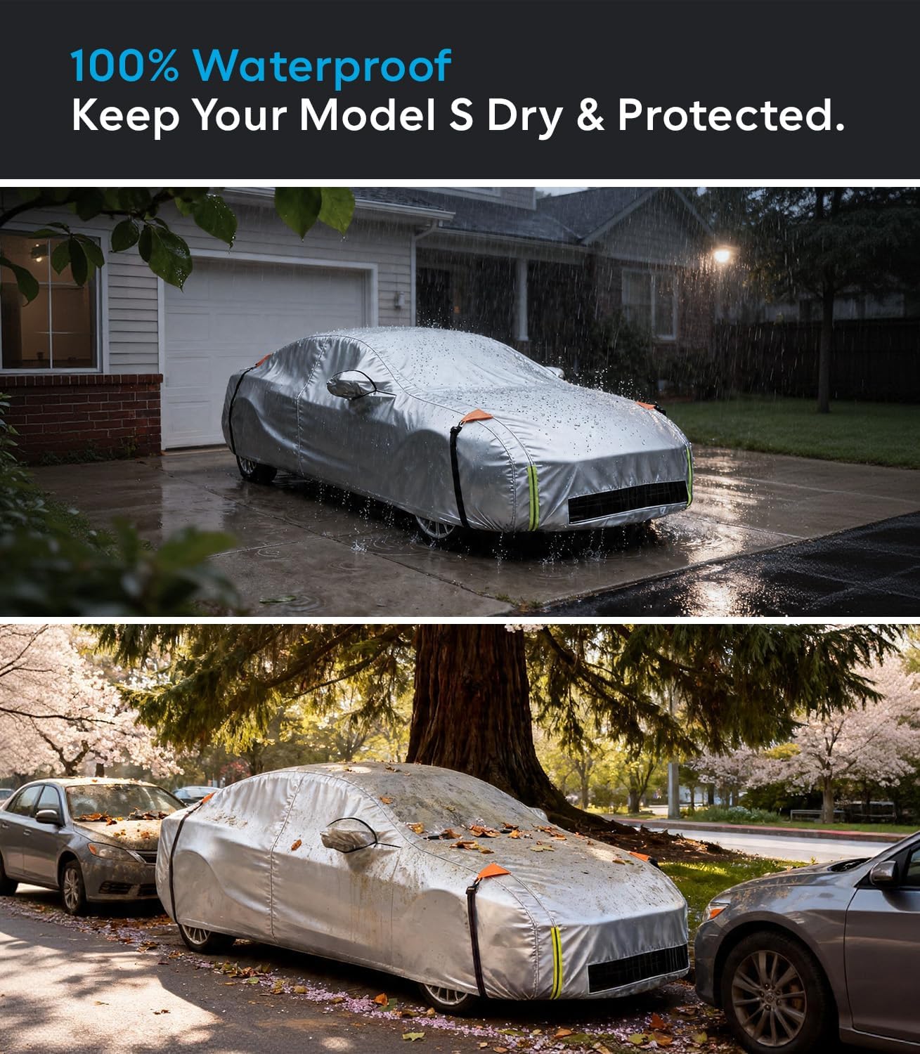 Wigoo Tesla Model S Car Cover Accessories 2012-2026, Custom Fit Waterproof All Weather Outdoor Full Car Cover, Windproof UV Rain Snow Dust Protection, Door Zipper, Charging Port, Ventilated Mesh