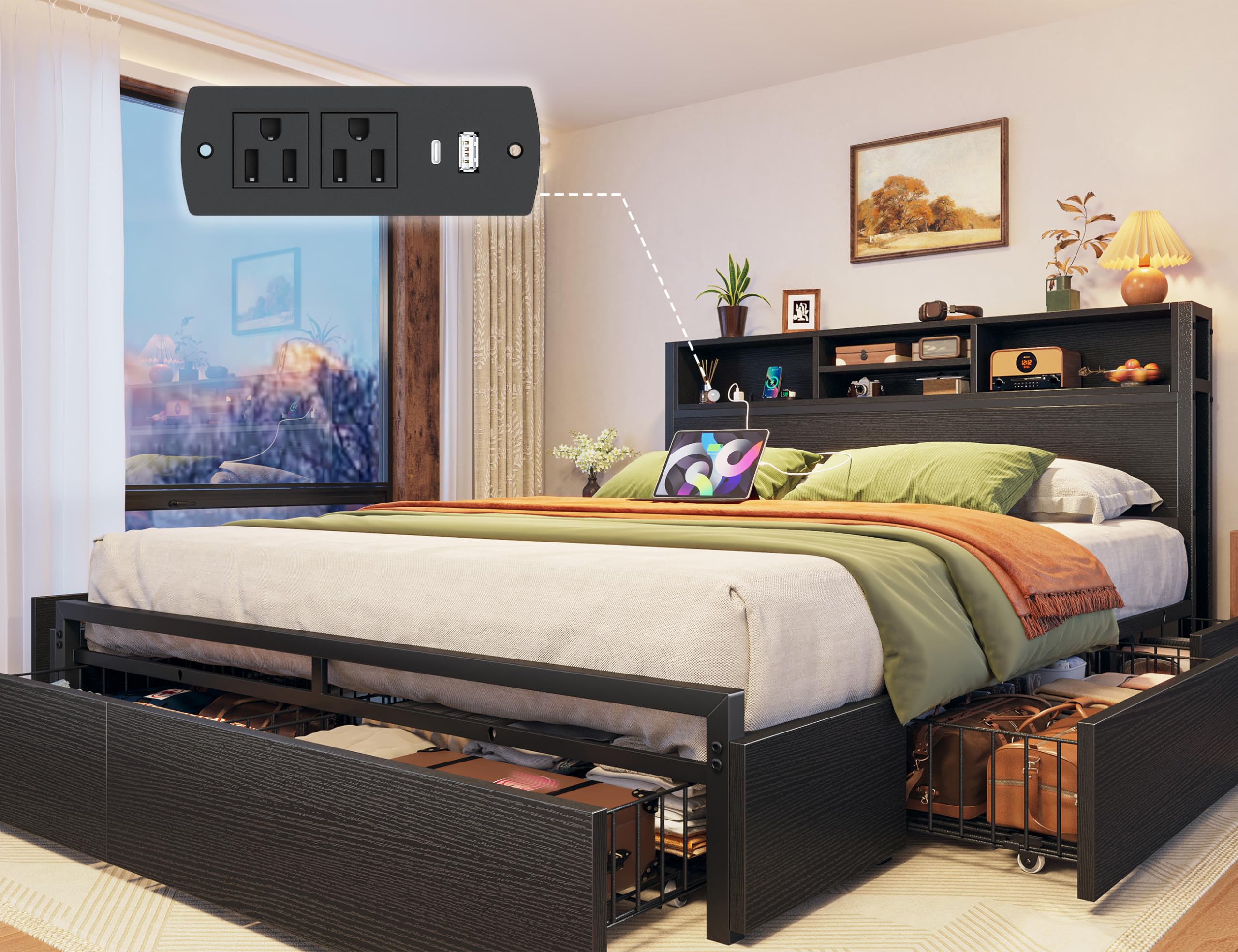 Queen Bed Frame with 6 Storage Drawers Queen Size Bed Frame with Headboard, Storage Bed with Charging Station, No Noise,No Box Springs Needed,Black