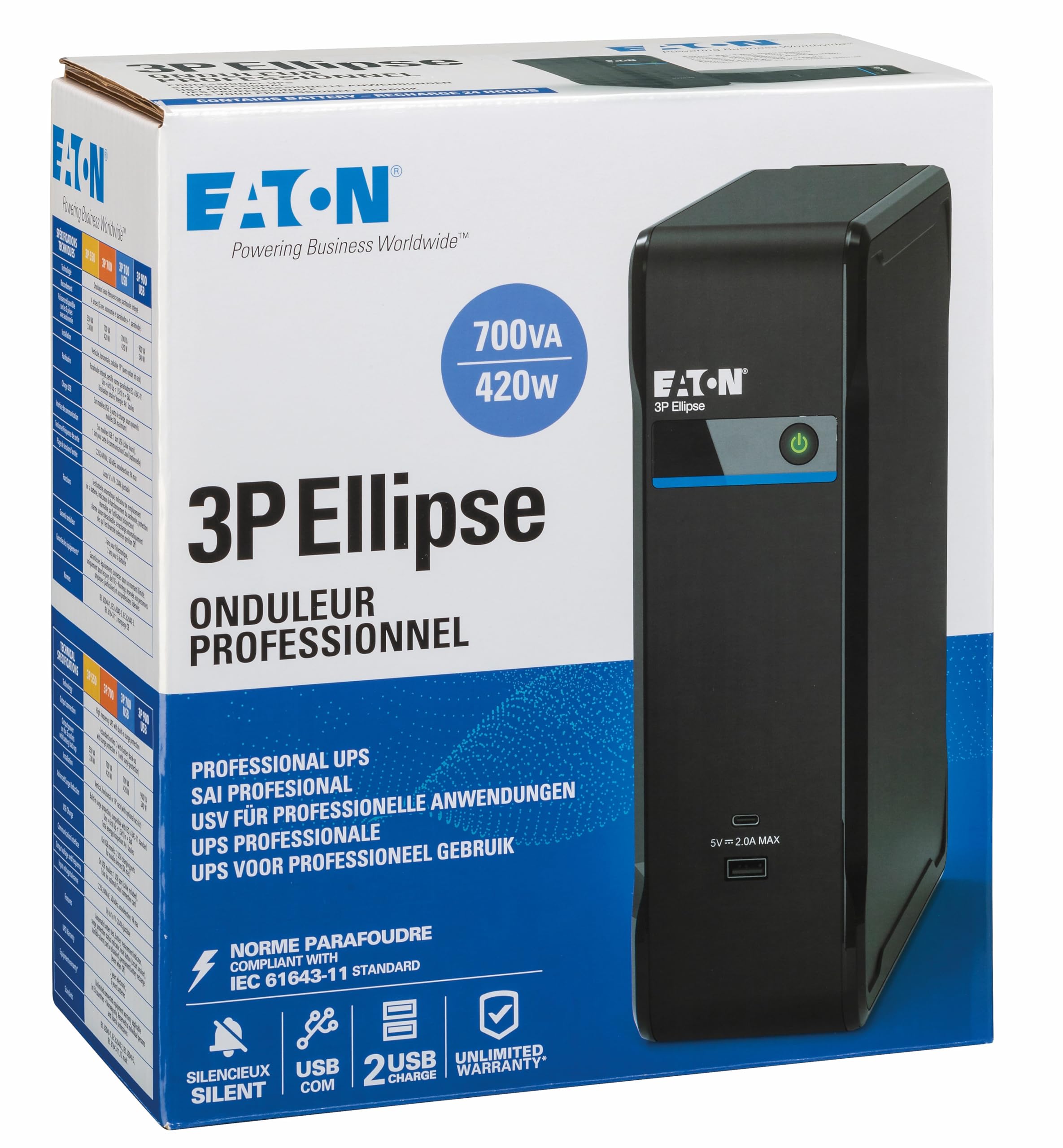 Ups - Eaton - 3p Ellipse 3p700uf - Per Pc Professionale O Terminale Pos - Protezione Da Sovratensioni - 700va - 420w
