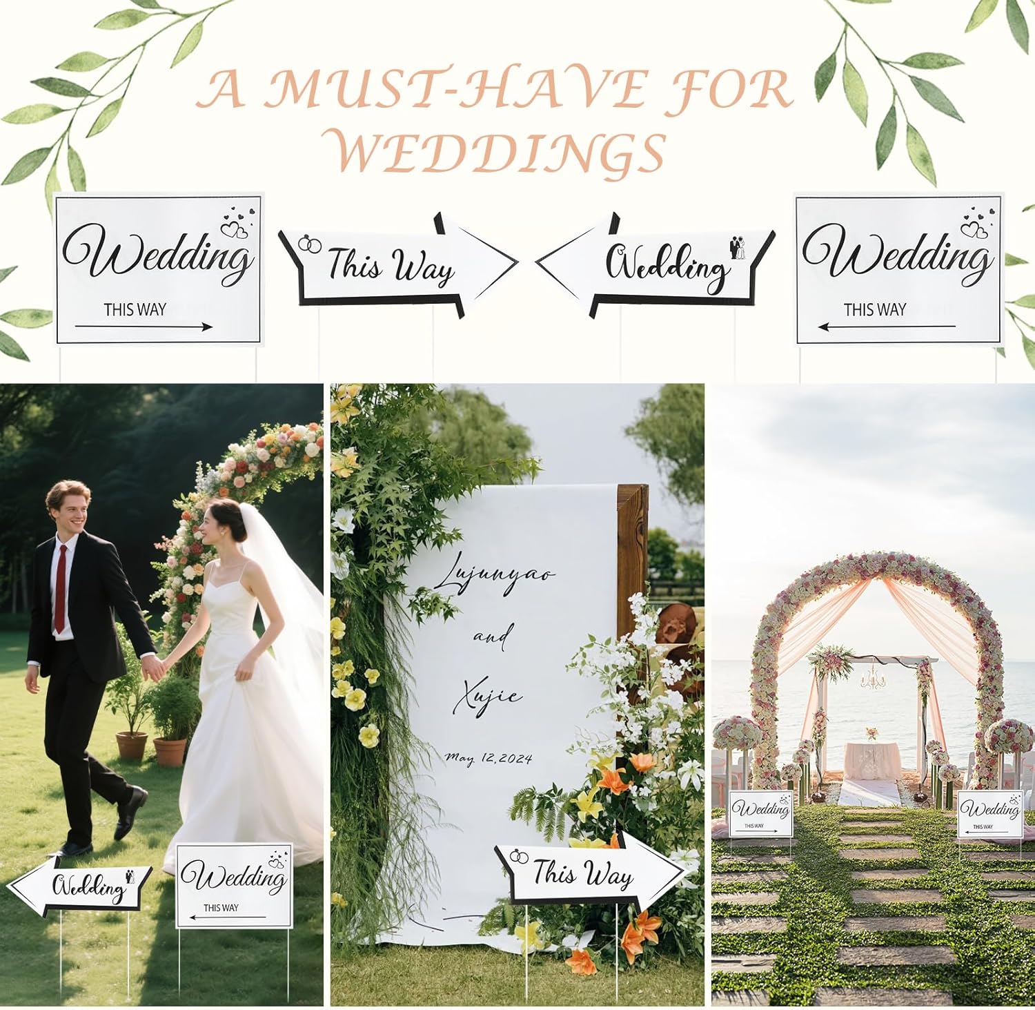 10pcs Wedding This Way Lawn Signs, HSSZXFR 16” x 12” Rectangular Signage with 17” x 7” Arrow Signag Set, Double Sided Printed Directional Signs with Stake, for Wedding Supplies Ceremony Reception