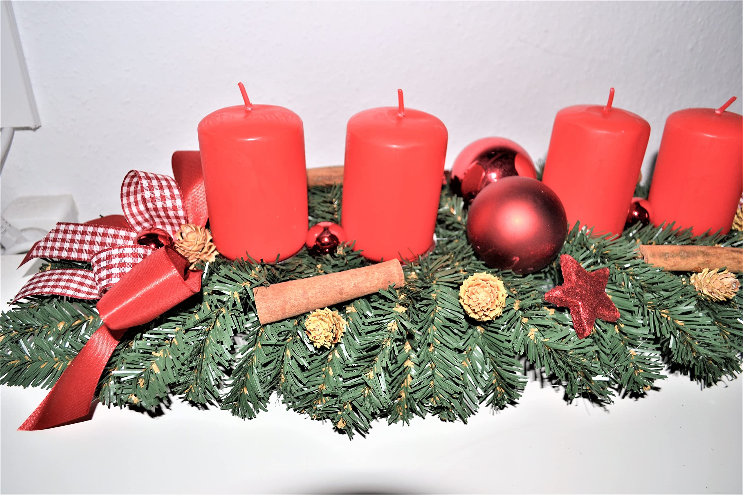 Adventskranz künstlich Landhaus rot länglich 60 cm Weihnachten Advent Gesteck