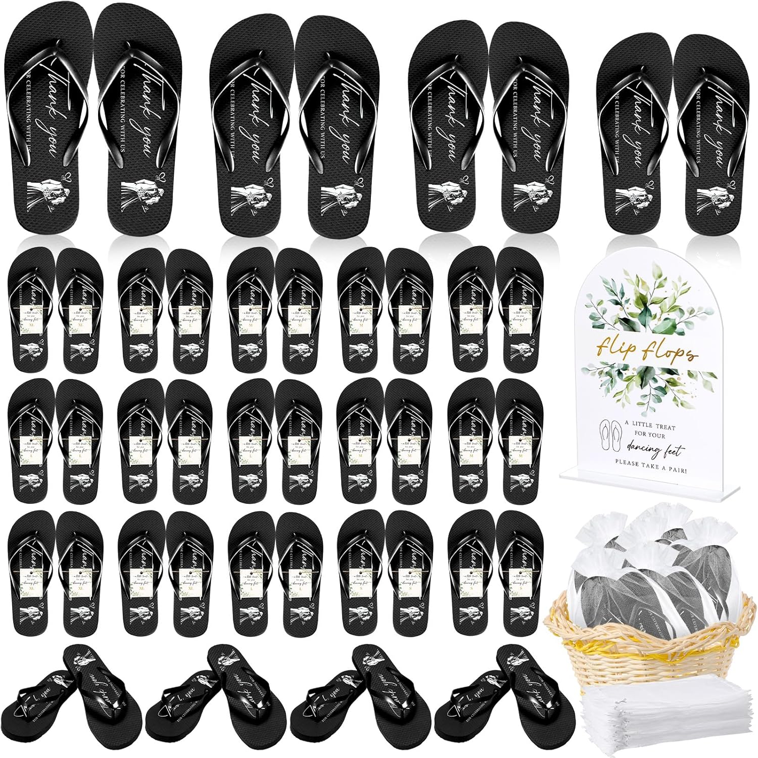 24/36 Pairs Wedding Flip Flops Bulk Wedding Reception Guest Slippers Women Sandals with Size Cards Drawstring Bags