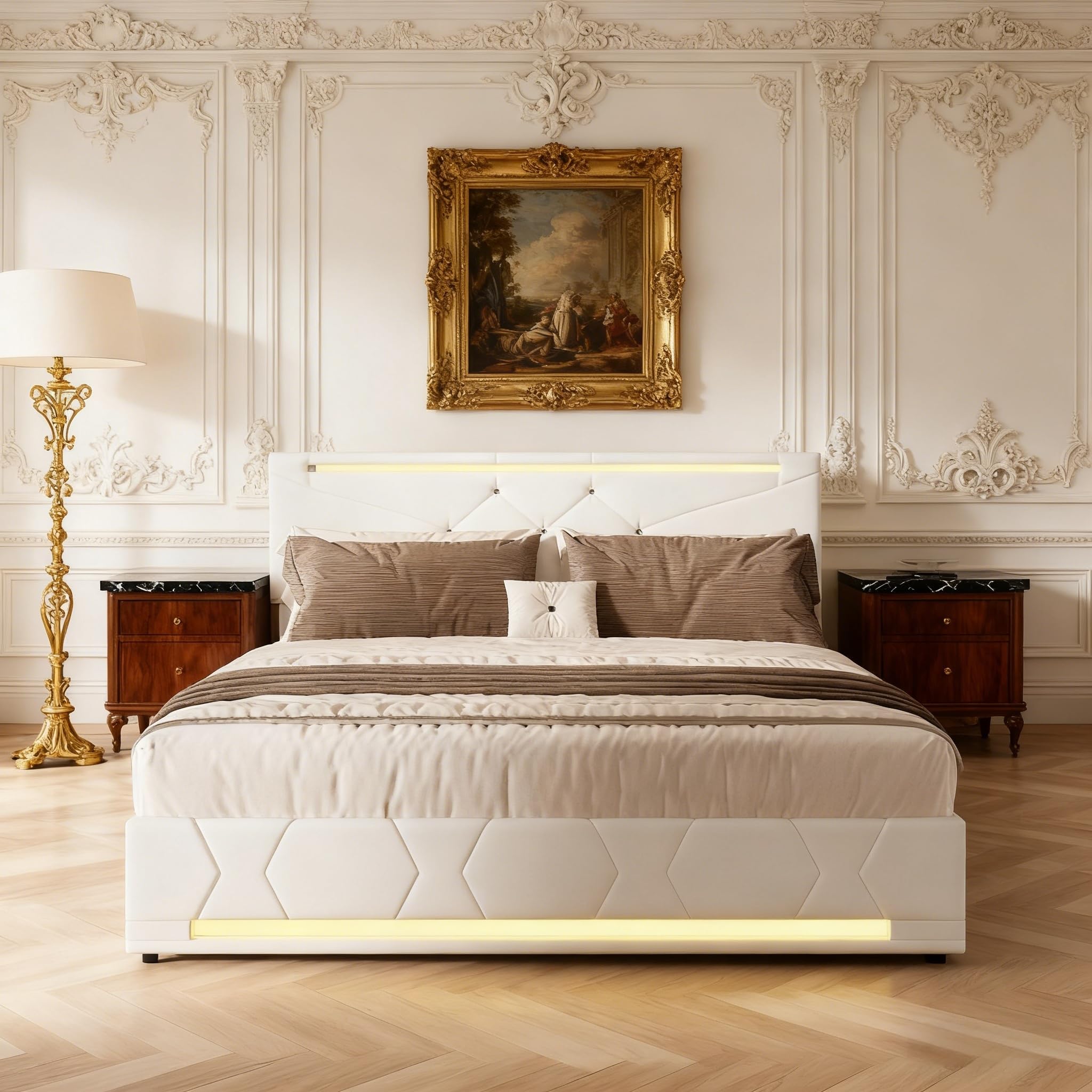 Letto matrimoniale contenitore, 160x200 cm, Letto Baule LED e Porte USB, testiera regolabile, Letto imbottito con contenitore idraulico, Struttura letto con rete a doghe, Lino (Beige/3, 160x200 cm)