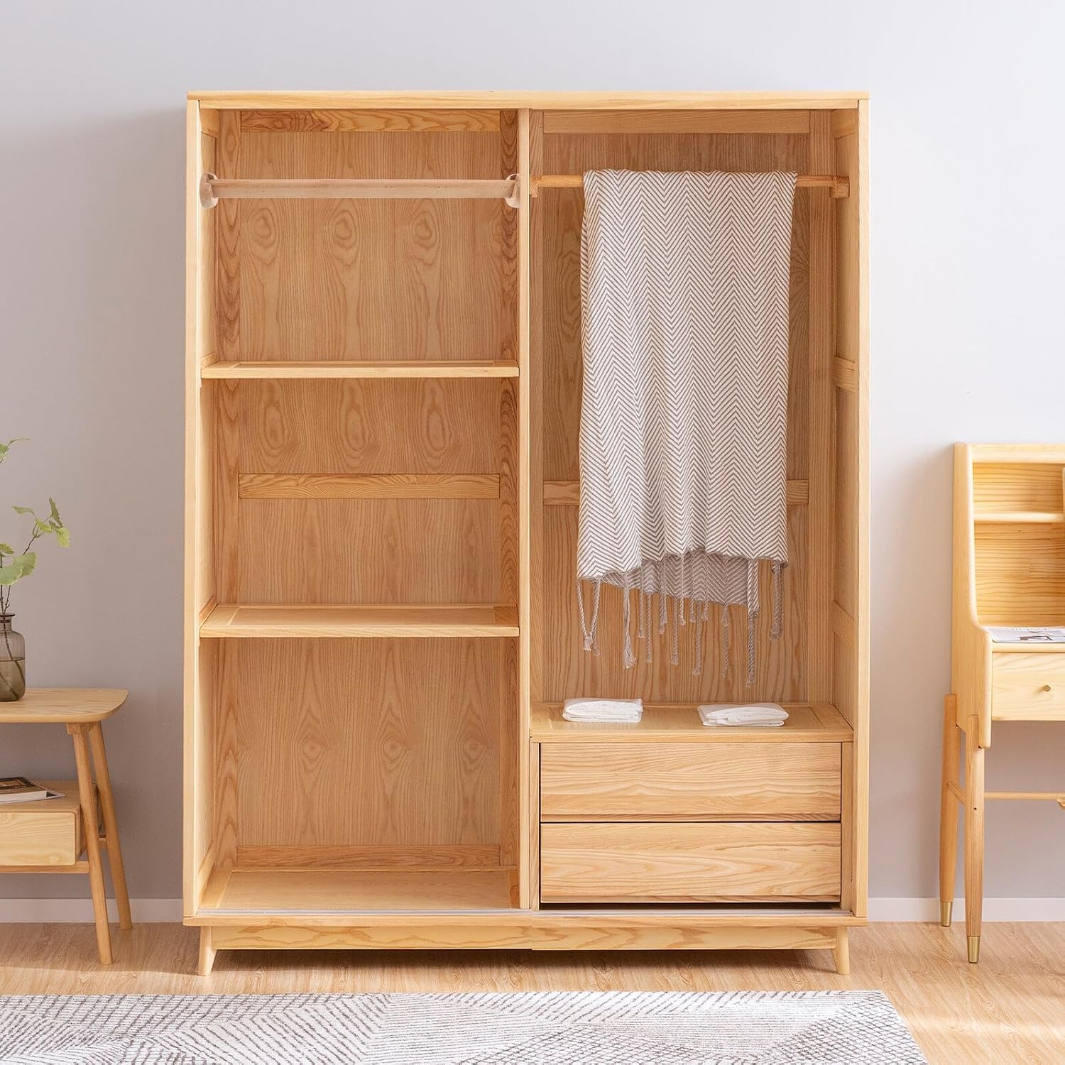 Wooden Closet Hanging Rod 50cm Beech Solid Wood Wardrobe Rod with Flange Bases 2 Sets Clothes Organizer for Wardrobe Storage and Hanging