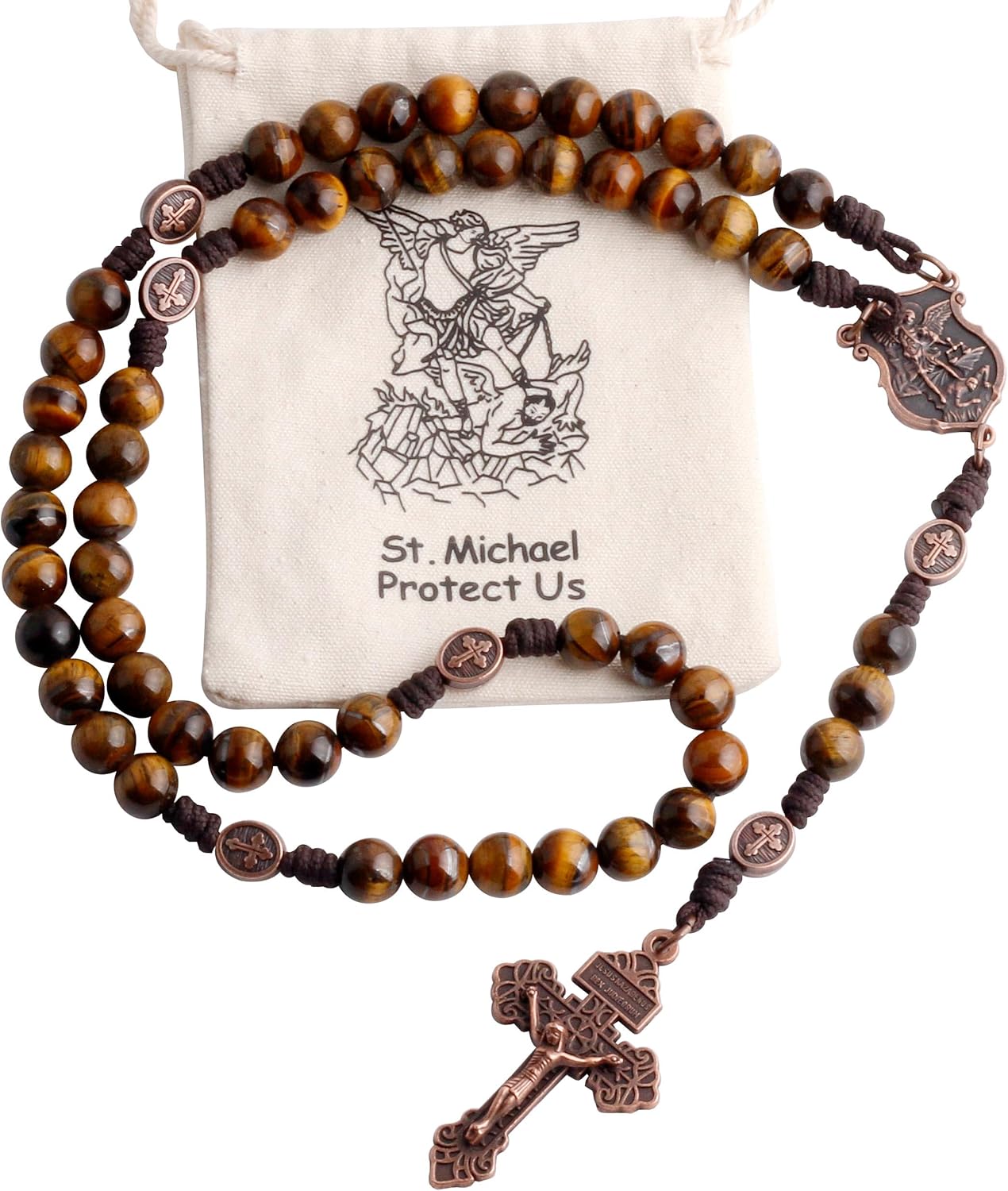 HanlinCC 10mm Natural Stone Beads Handmade Saint Michael Paracord Rosary Necklace with Religious Pouch - Image 9