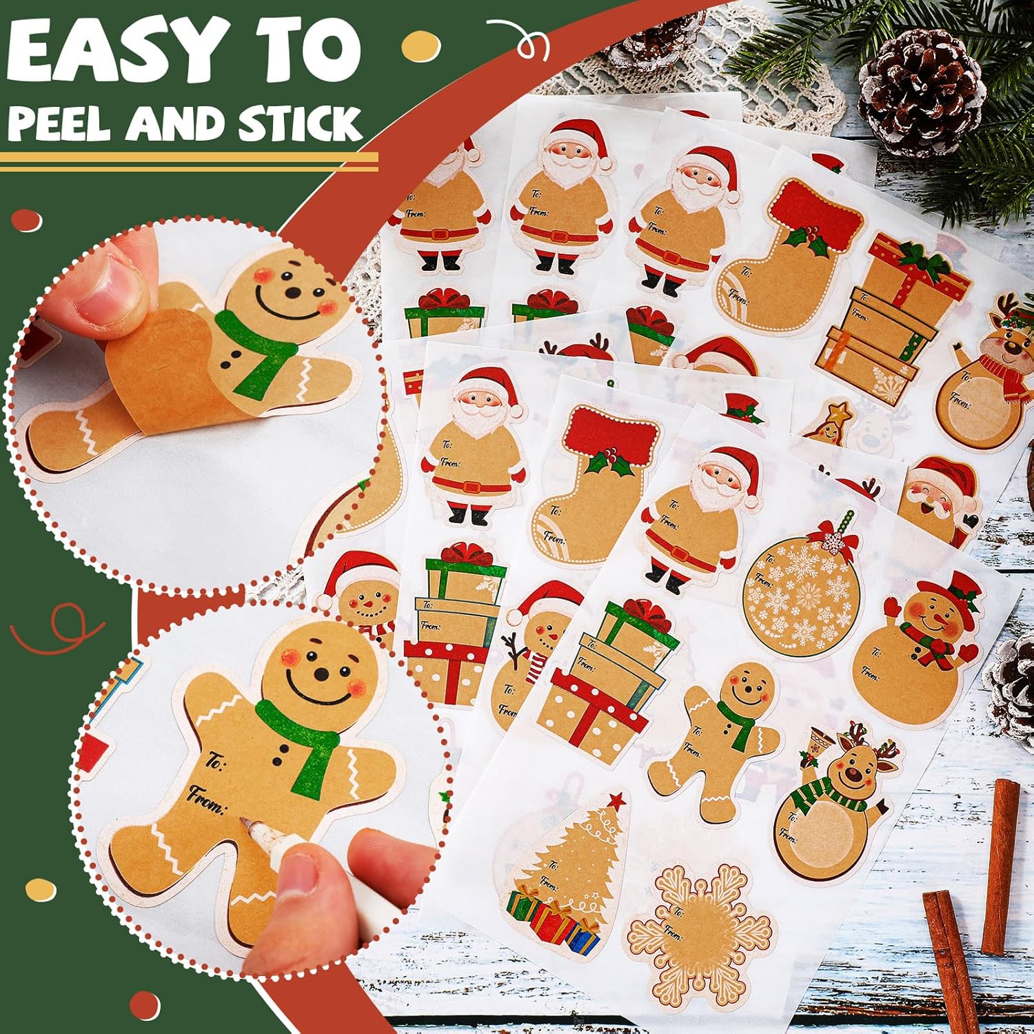 240 Pcs Christmas Gift Tags Stickers Kraft Self-Adhesive Christmas Name Labels Stickers Snowman Santa Claus Gingerbread Name Tags for Xmas Gift Box Decorations,16 Designs(Standard Styles) - Image 3
