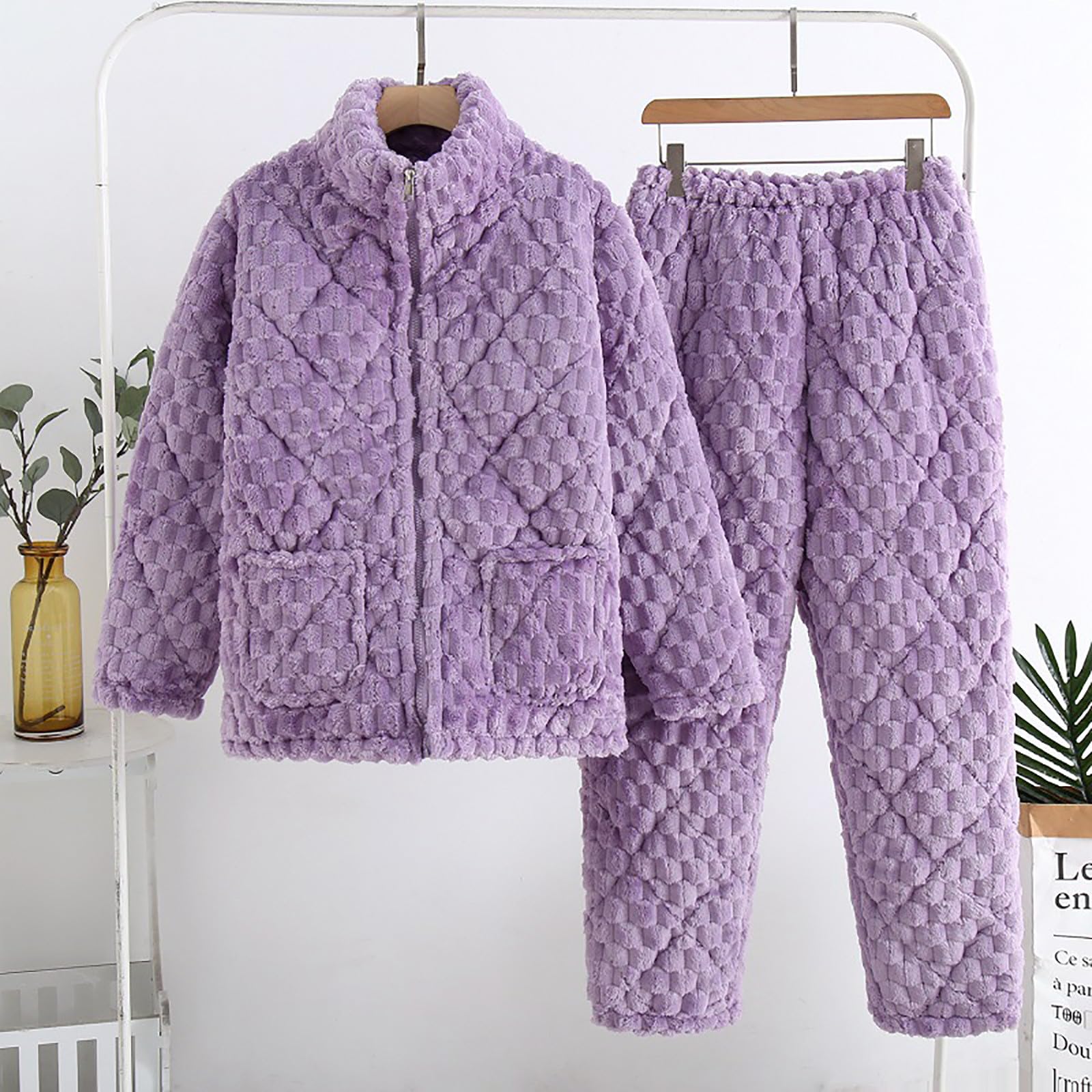 Conjunto de pijama de forro polar para mujer, manga larga, con cremallera completa, pantalones largos, cómodos, conjunto de pijama de algodón grueso, conjunto de pijama cálido y esponjoso,