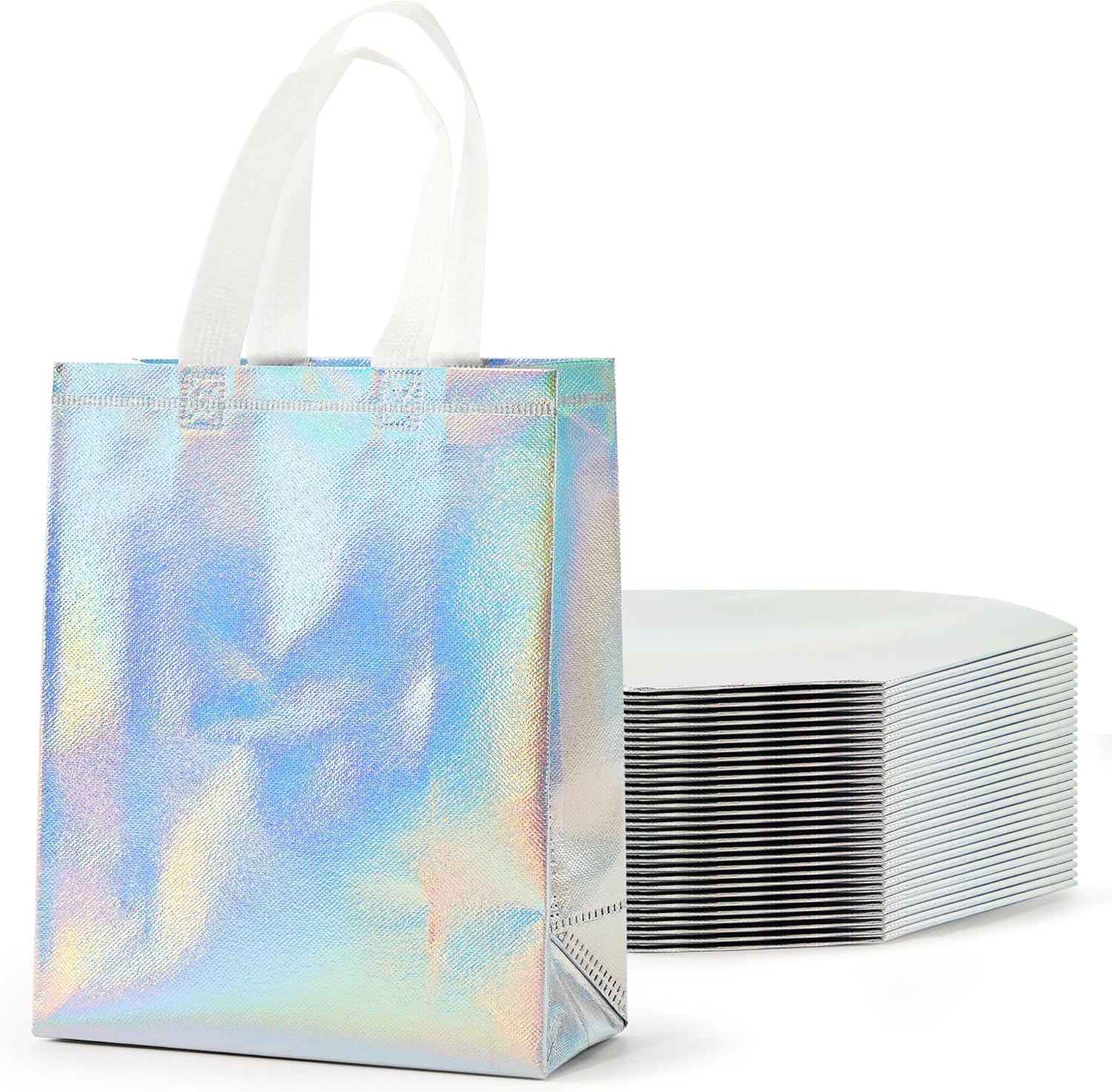 PACKINNO 50 Pcs Holographic Gift Bags 8x4x10 Inch, Iridescent Reusable Tote Bags with Handles & Sturdy Base, for Birthday Christmas Party Favors Goodie Bags