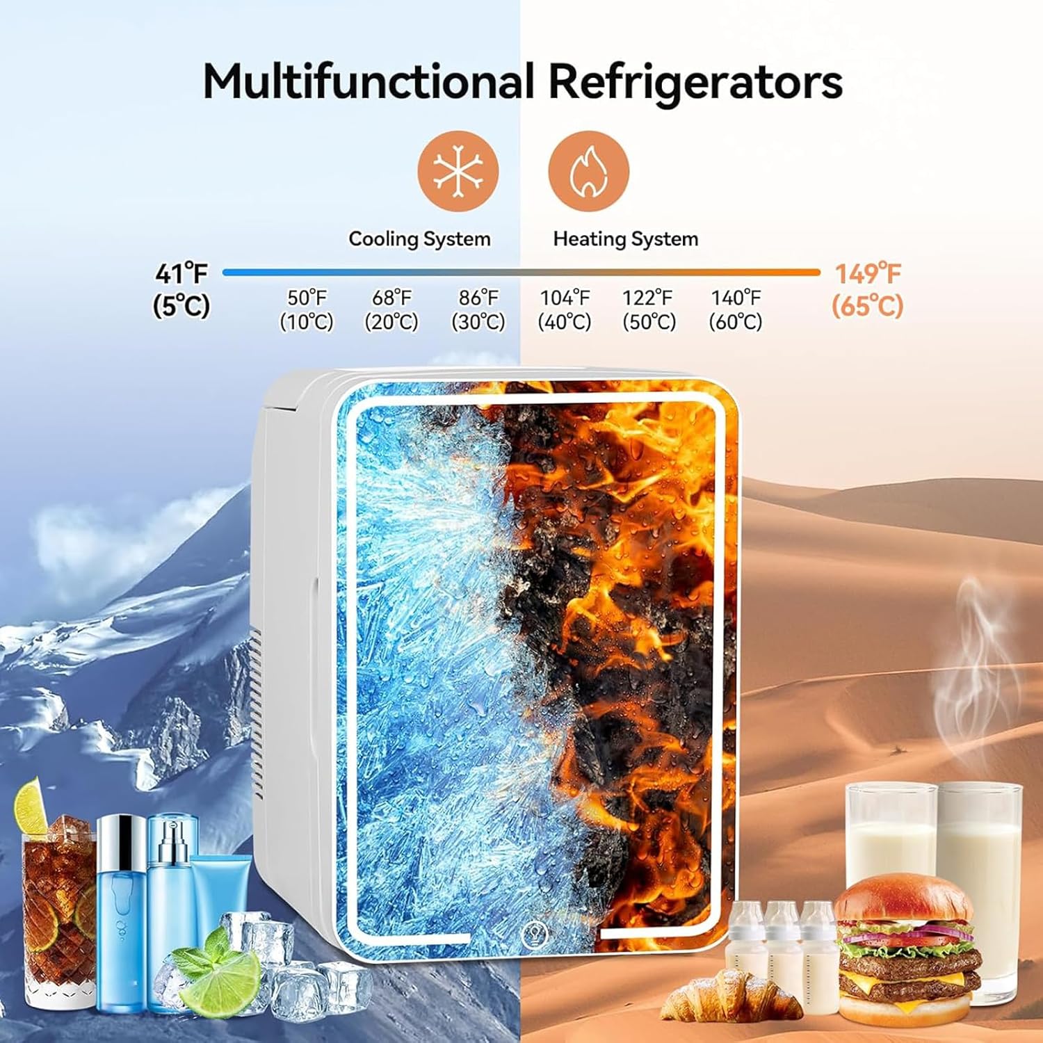 20L Mini Skincare Fridge with Mirror & LED Lighting, 3-Mode Dimmable, Cooler & Warmer with Drip Tray for Makeup, Cosmetic, Beauty Fridge for Bedroom, Vanity, Car & Home Use