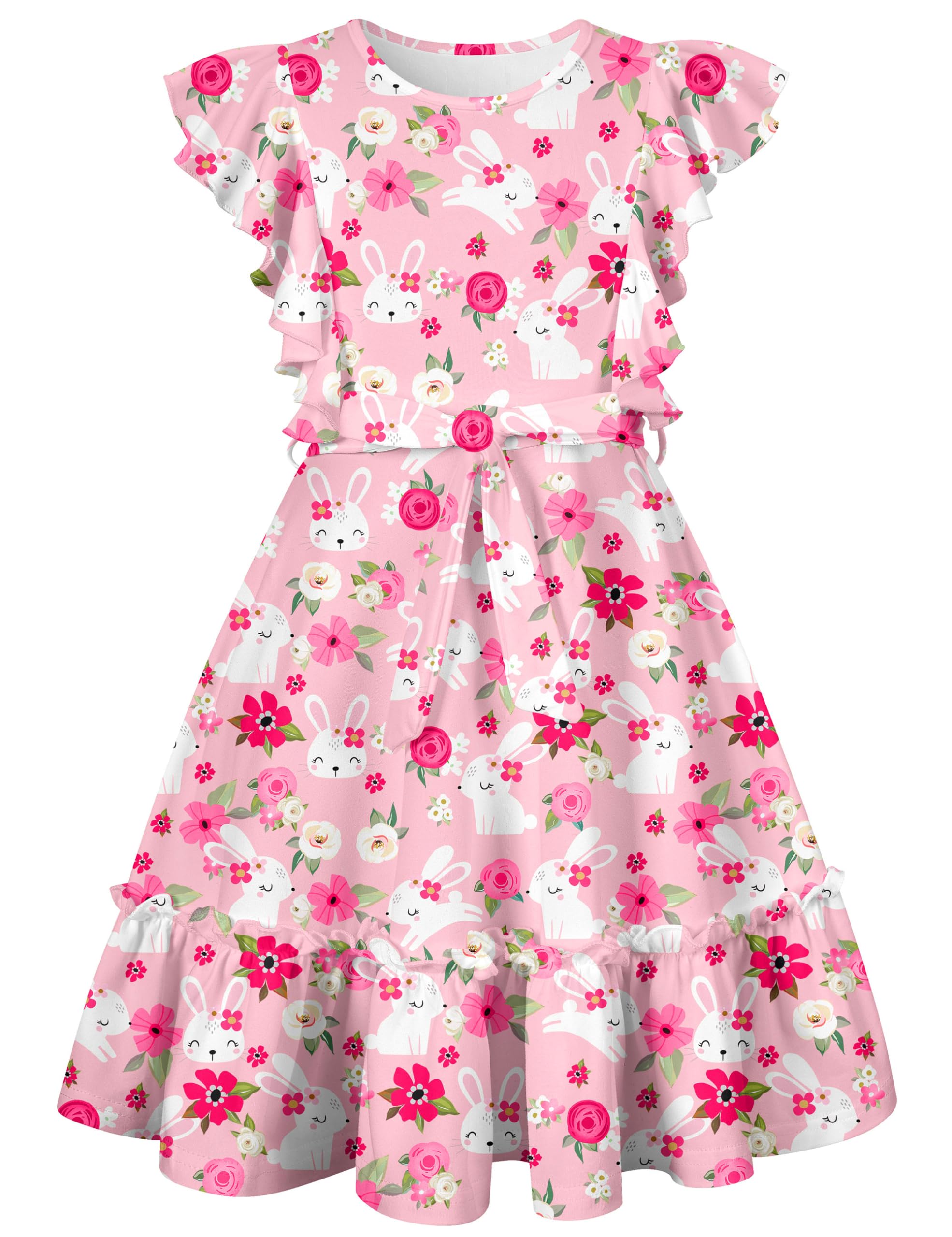 Girls Ruffle Sleeve Dress Kids Summer Clothes Flutter Hem Sundress Outfit with Belt 6-13 Years
