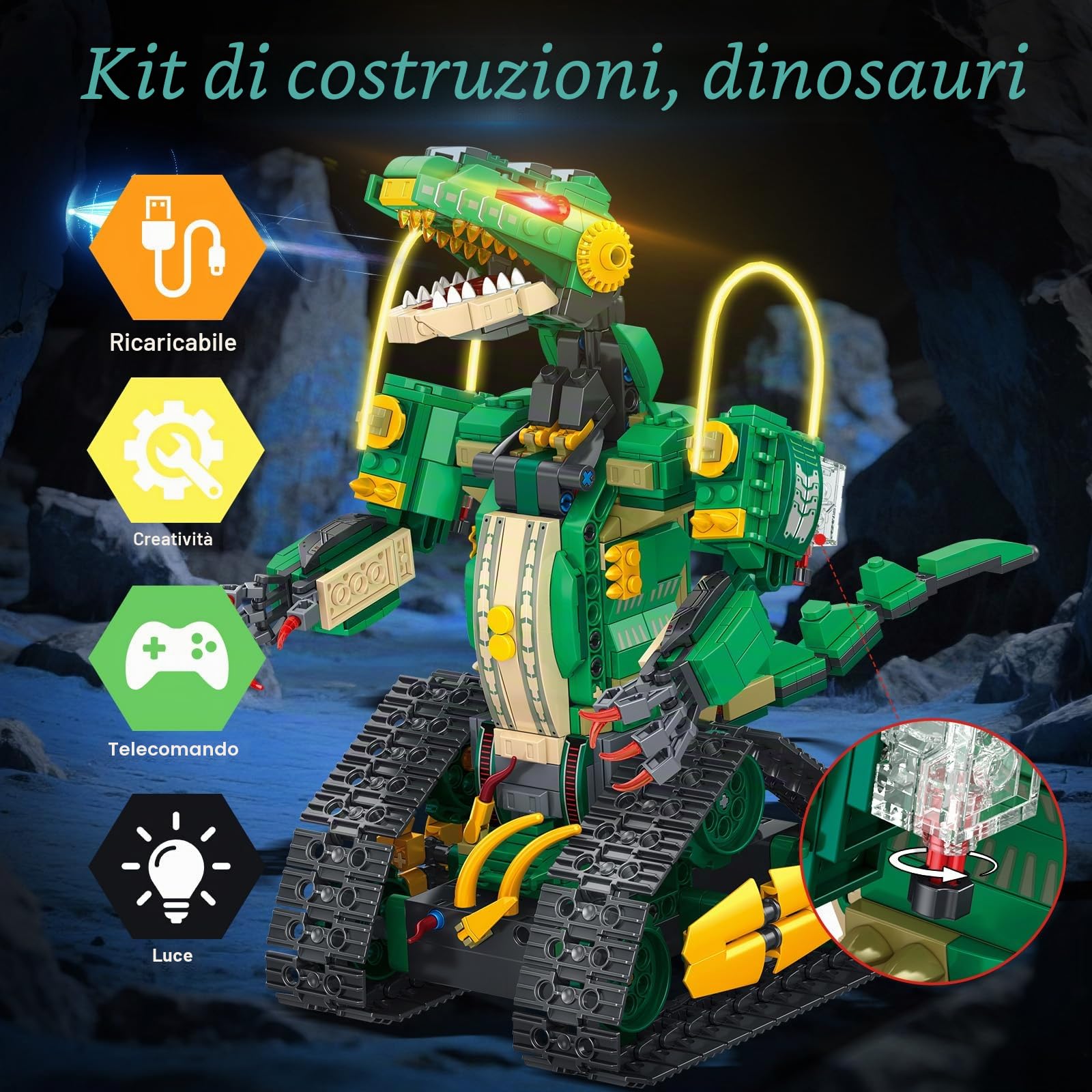 Giocattolo da costruzione RC dinosauro con luce, kit di blocchi da costruzione telecomandato 5 in 1, 877 pezzi giocattoli robot dinosauro ricaricabili per bambini e bambine di età 8, 9, 10, 11, 12+