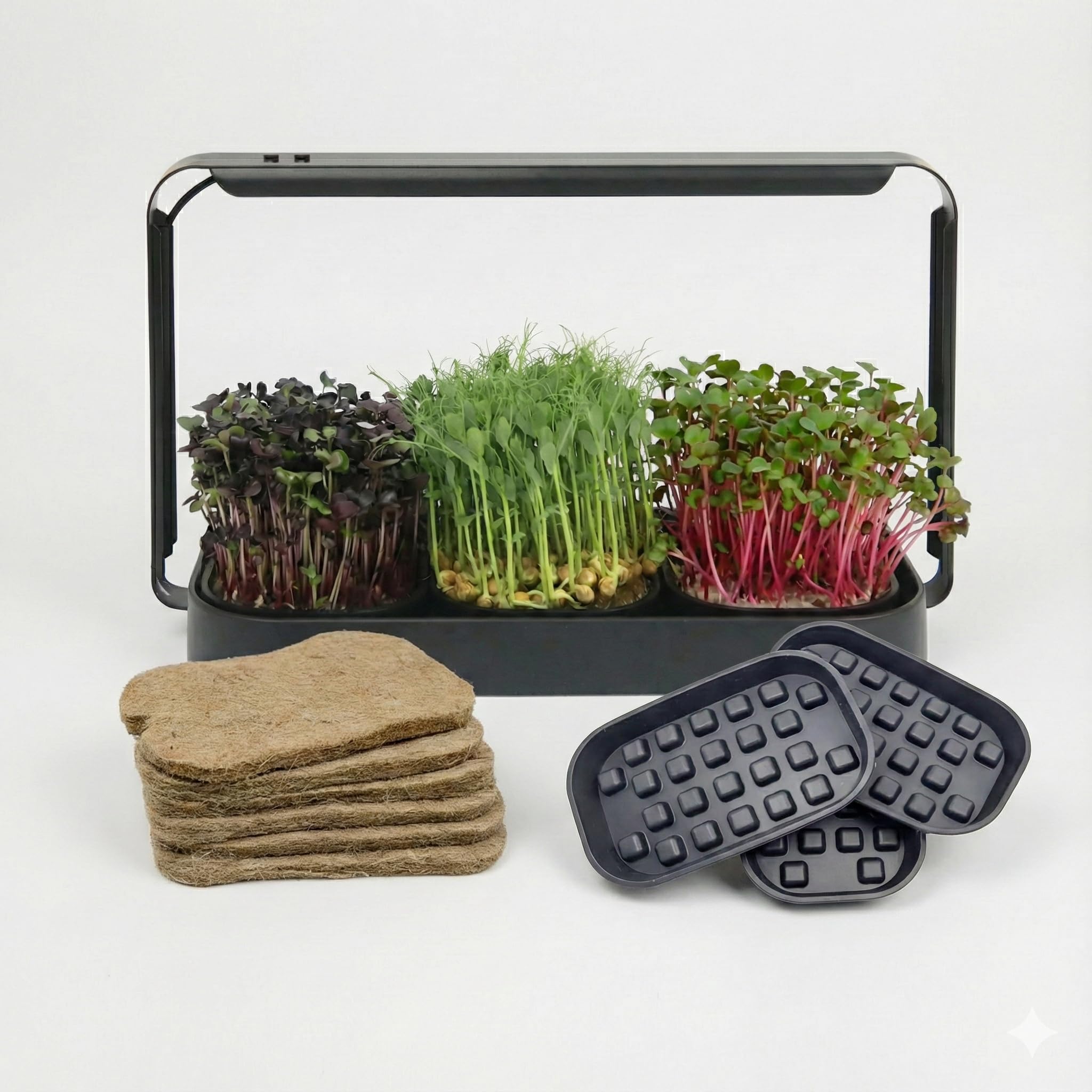 Microgreens Zestaw do uprawy w pomieszczeniach, do użytku wewnątrz i z oświetleniem LED, 3 mikrozielone tace do uprawy, 6 mat jutowych, zestaw do uprawy w pomieszczeniach i zestaw do