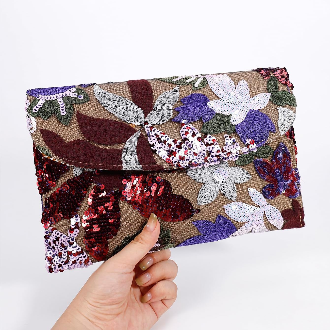 Sequin Embroidered Floral Clutch Purse for Women Summer Envelope Bag Wedding Evening Events Party Handbags