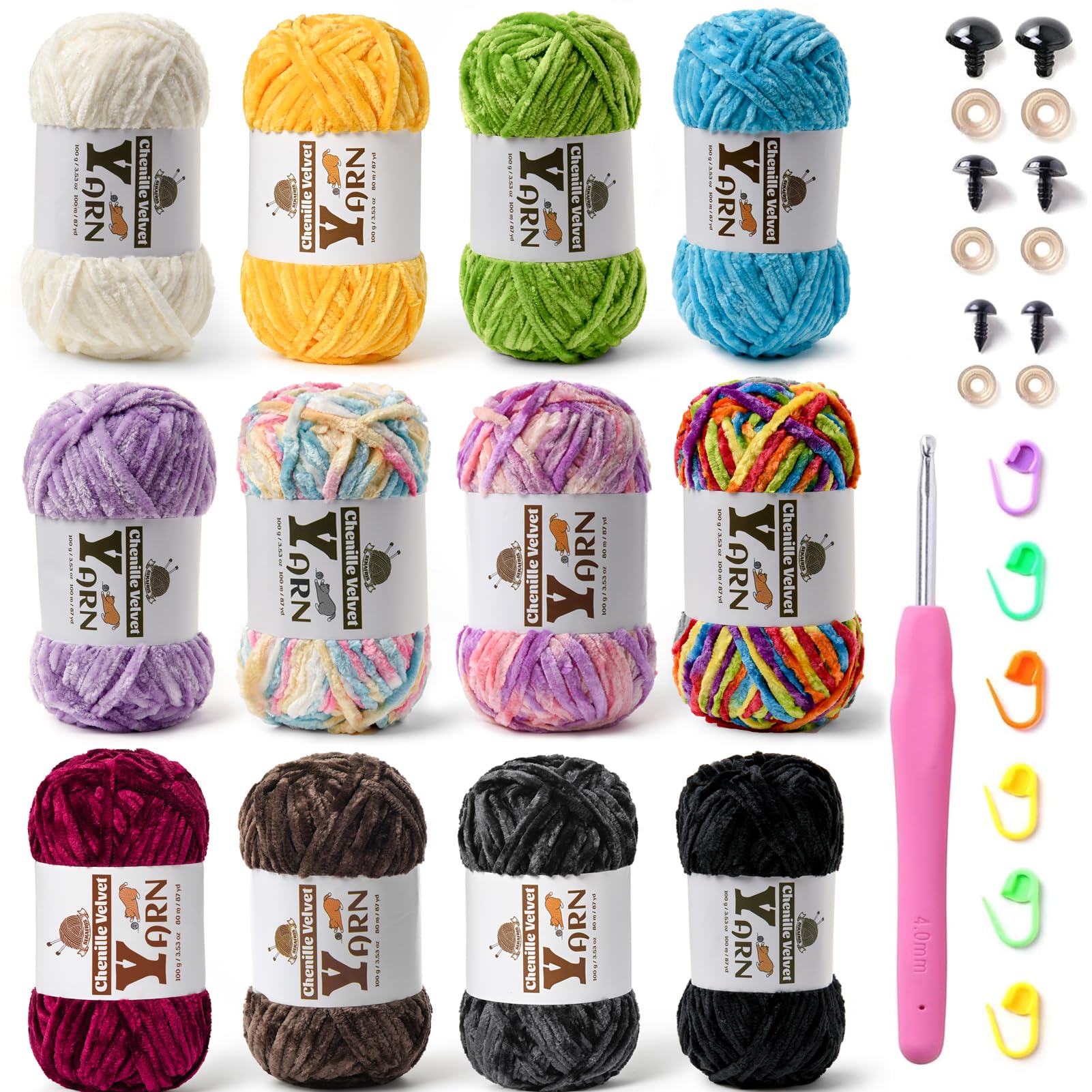 Mehrfarbiges Häkelgarn, 1200 g, flauschiges Chenille-Garn zum Häkeln, flauschiges Samtgarn zum Häkeln, Babygarn zum Häkeln, weiches Amigurumi-Garn-Set C (100 g pro Strang)