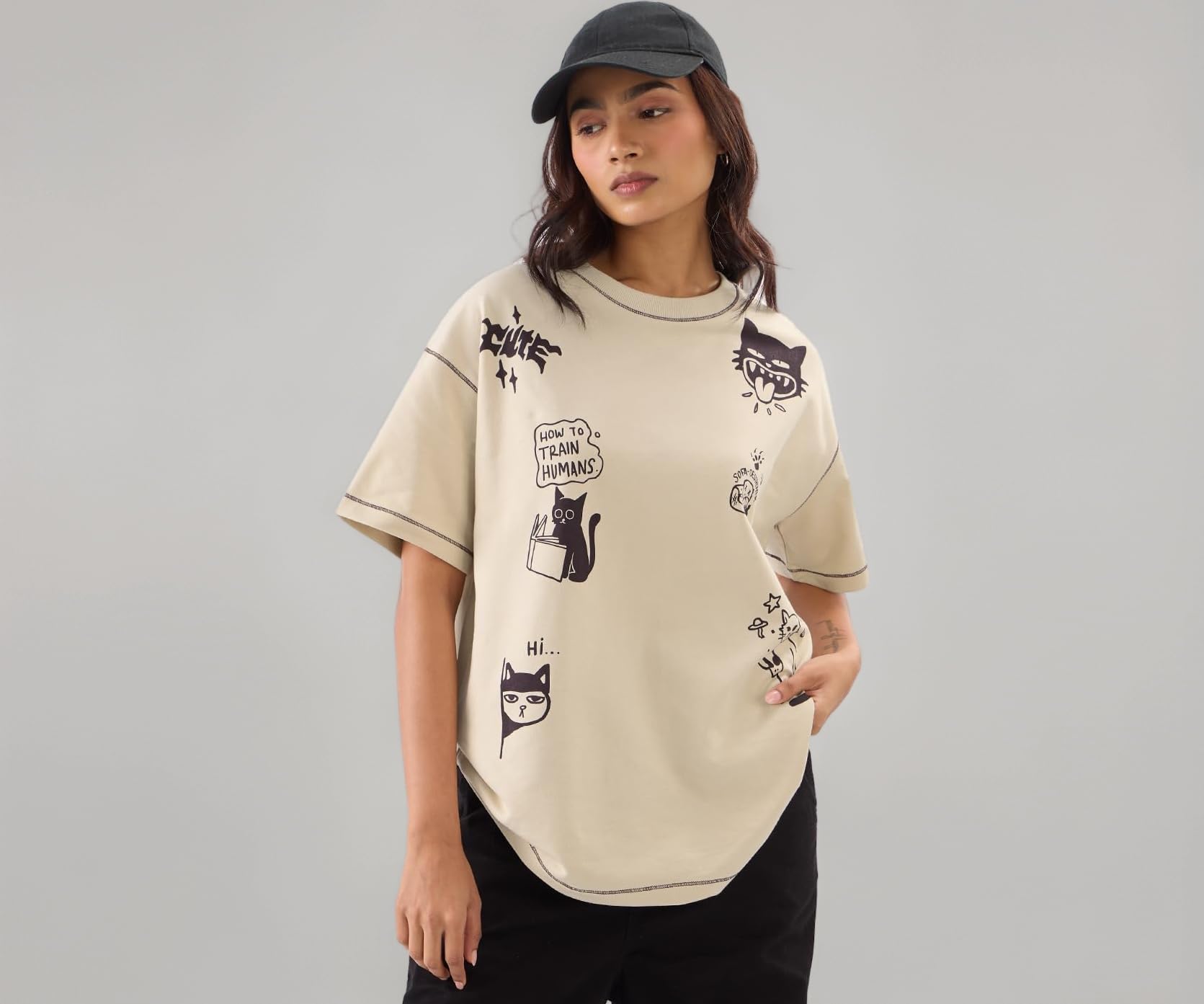 The Souled Store Ted The Stoner: Cat Displaced Women and Girls Short Sleeves Round Neck Brown Graphic Printed Cotton Oversized T-Shirts