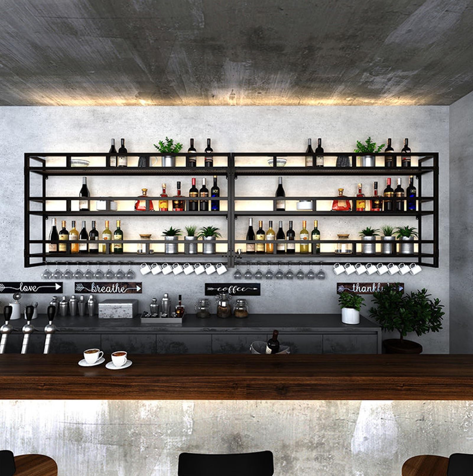 Generico Portabottiglie da Parete in Stile Industriale - Scaffale in Metallo a 3 Livelli con Luce LED e portabicchieri, Grande espositore Galleggiante per liquori per la casa, Finitura Oro (80x25x90