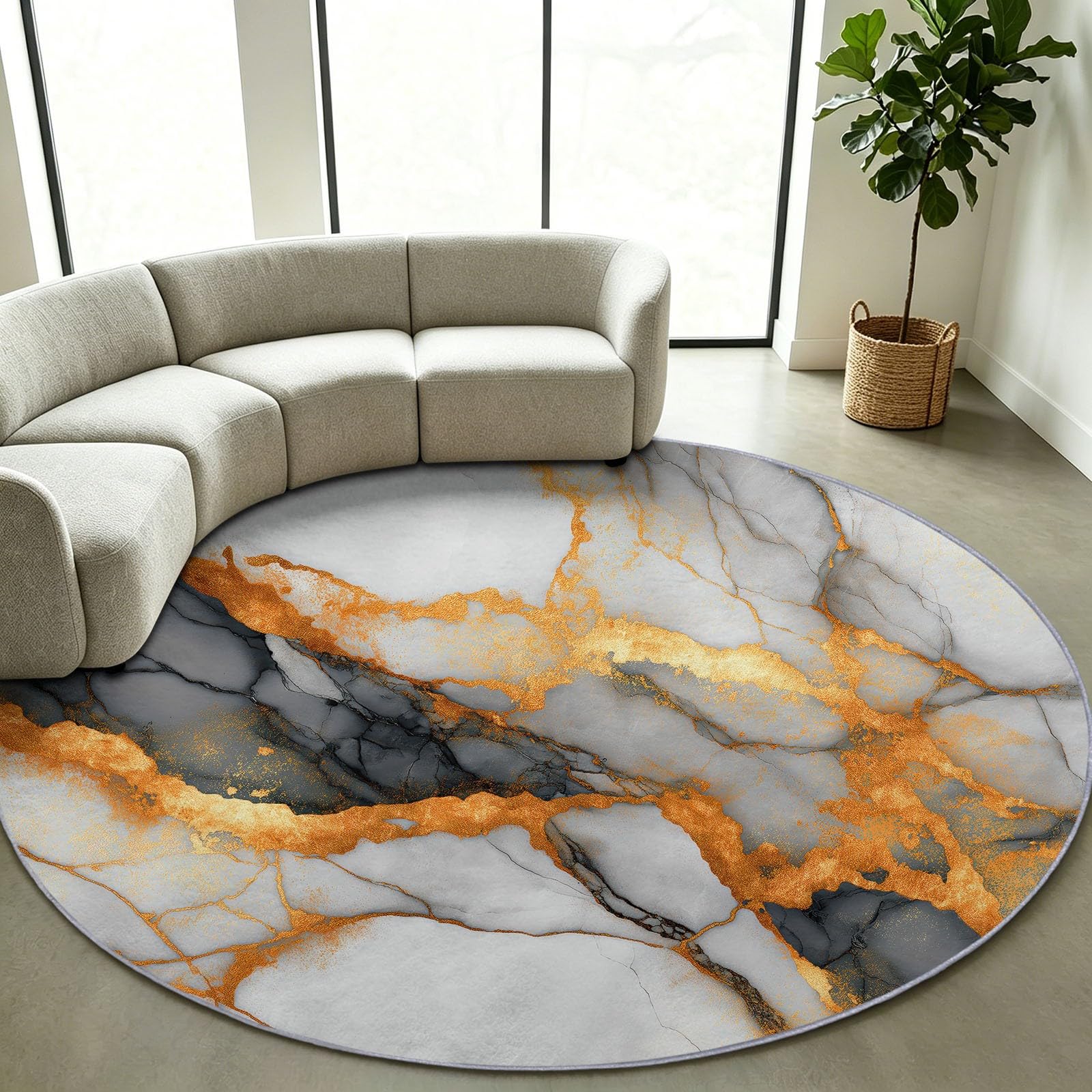 Runder Teppich 180 cm Waschbarer Wohnzimmer Teppiche, Grau | Modern Marmormaserung Goldadern abstrakte Textur, Waschbar, Rutschfest, Kurzflor, Weich, Schlafzimmer, Esszimmer, Büro, Flur, Kinderzimmer