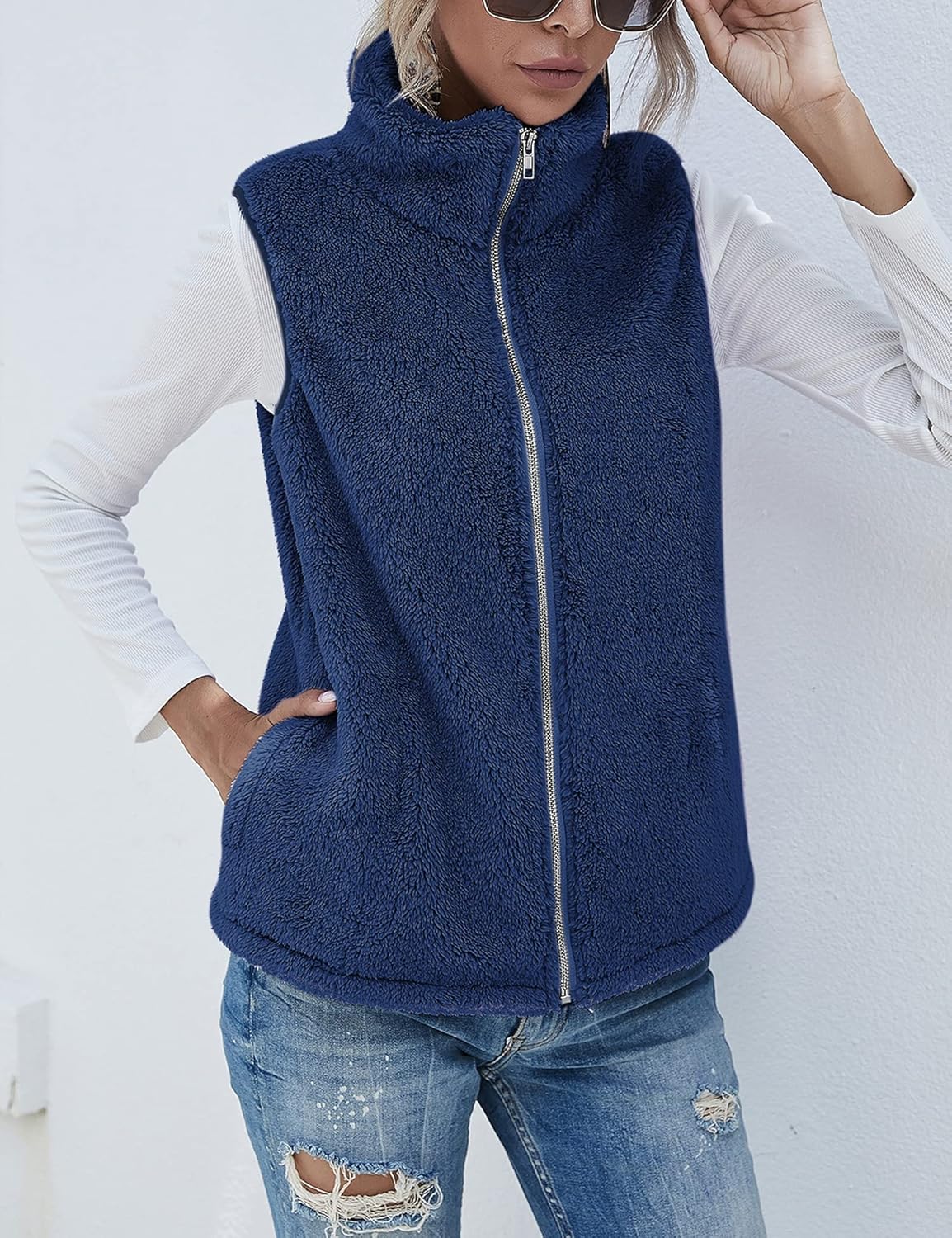 LOMON Womens Fuzzy Sherpa Fleece Jacket Lightweight Vest Cozy Sleeveless Cardigan Zipper Waistcoat Outerwear with Pocket - Image 4