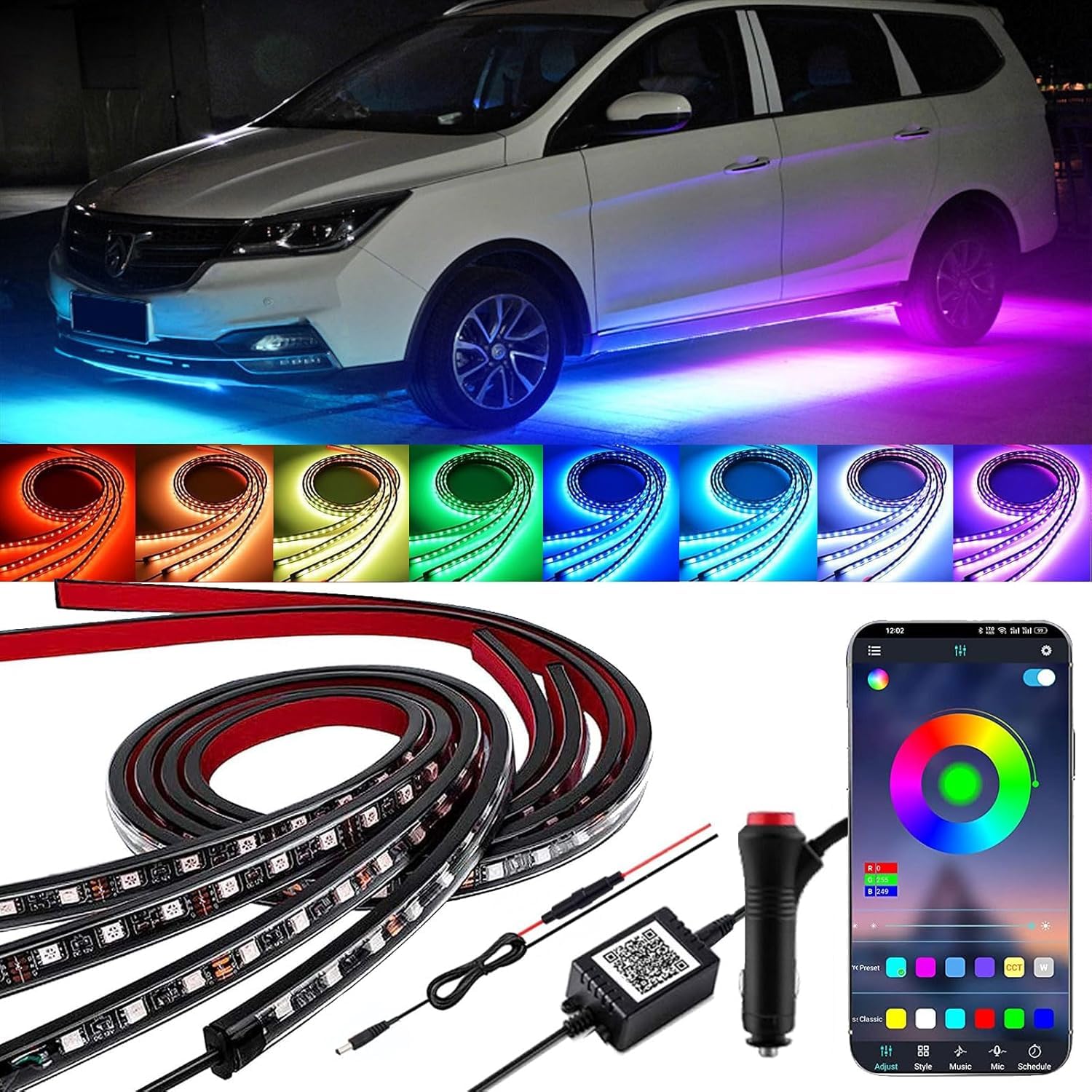 YUGUANG 4Pcs Underglow Kit per auto, APP controllo Multicolore Car Underglow Light Kit Musica Sync RGB strisce di luce sottoscocca impermeabile per auto camion SUV