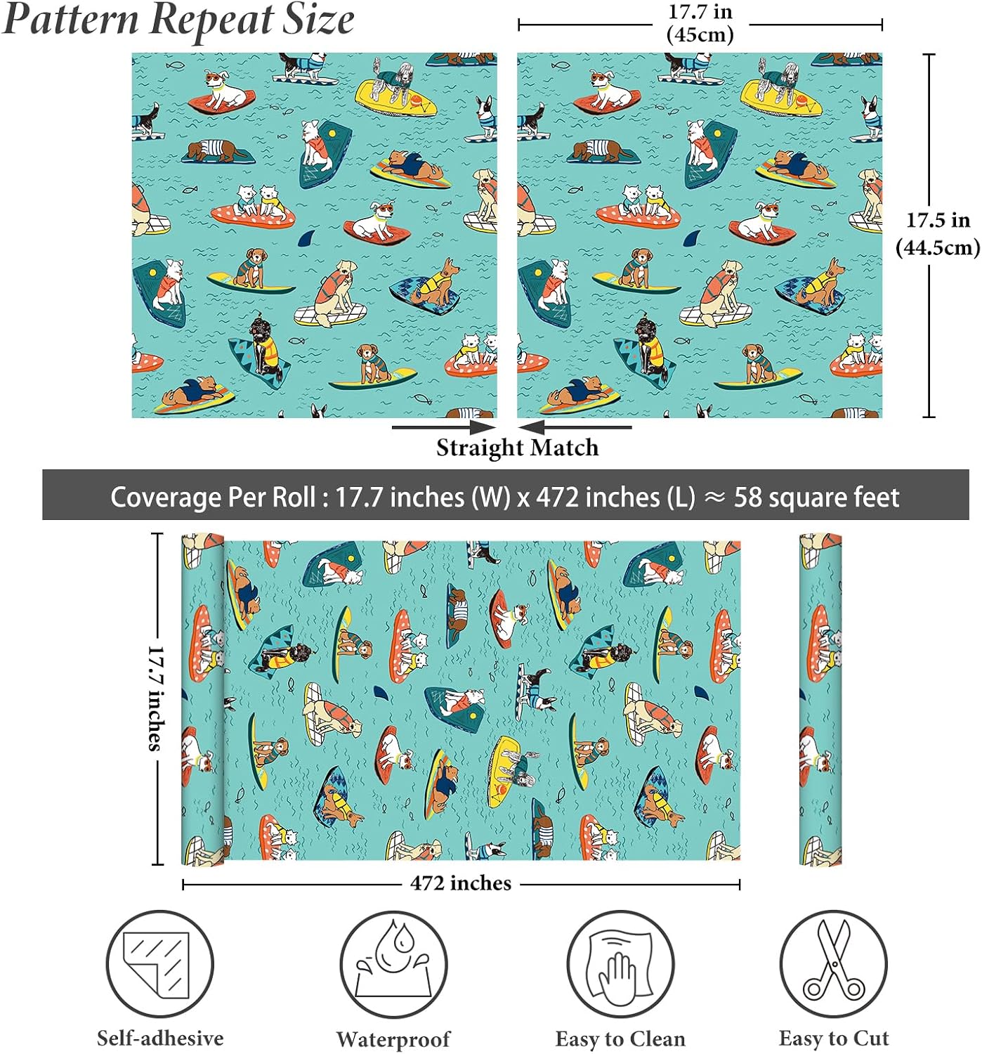 Blue Surfing Dog Peel and Stick Wallpaper 17.7"x472" Removable Animal Print Wallpaper Waterproof Thick Kids Wall Paper Blue Dog Patterned Contact Paper for Classroom Nursery Pets House DIY