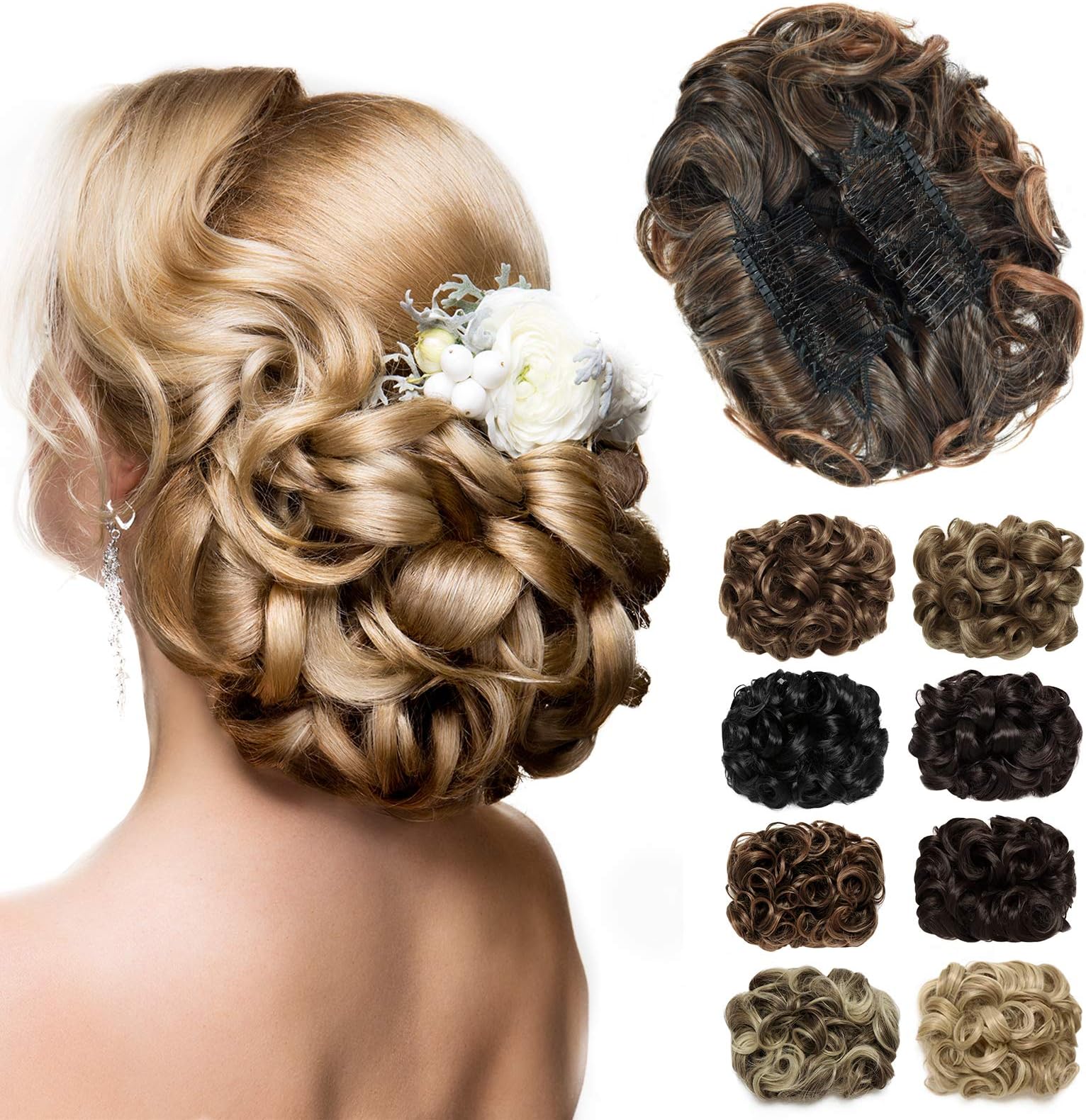 Yamel Messy Bun Scrunchie Chignon Hairpiece Updo Curly Bun Extension Combs in Messy Bun Hair Piece for Women Dark Brown to Light Auburn