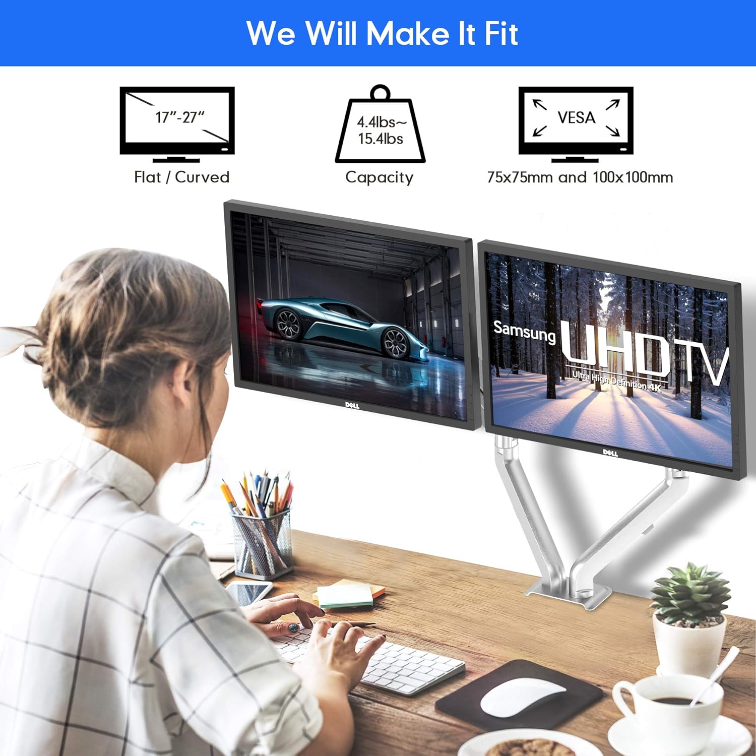 Best Deal Product AboveTEK Dual Monitor Stand for 17-27 Screens, Fully Adjustable Gas Spring Double Arms Monitor Fits 75/100mm VESA Mount, LCD Heavy Duty Desk Stand for 2 Monitors, Each Arm Holds up to 15.4lbs Silver Flash Sale Buy 1 get 1 AboveTEK Dual Monitor Stand for 17-27 Screens, Fully Adjustable Gas Spring Double Arms Monitor Fits 75/100mm VESA Mount, LCD Heavy Duty Desk Stand for 2 Monitors, Each Arm Holds up to 15.4lbs Silver