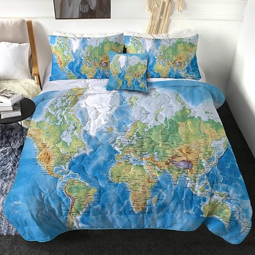 Sleepwish Map Comforter Set Map of The World Print Bedding Set King Size 4 Pieces Blue Bed Set 1 Comforter 2 Pillow Cases 1 Cushion Cover