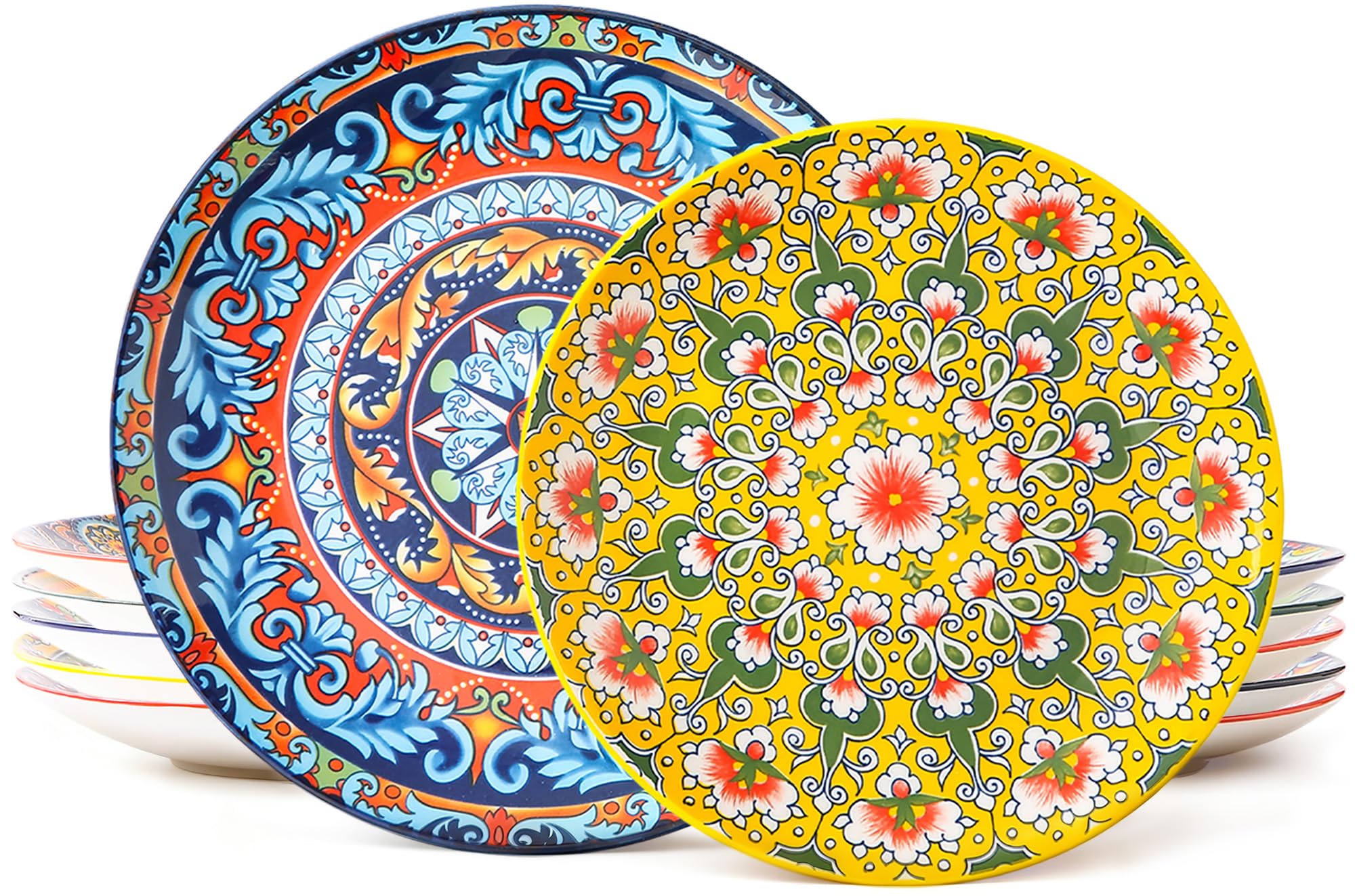12-Piece Ceramic Plate Set, 10" & 8" Plates, Bohemian Style, for 6 People, Ideal for Gatherings & Festivals, Microwave & Dishwasher Safe, Scratch Resistant