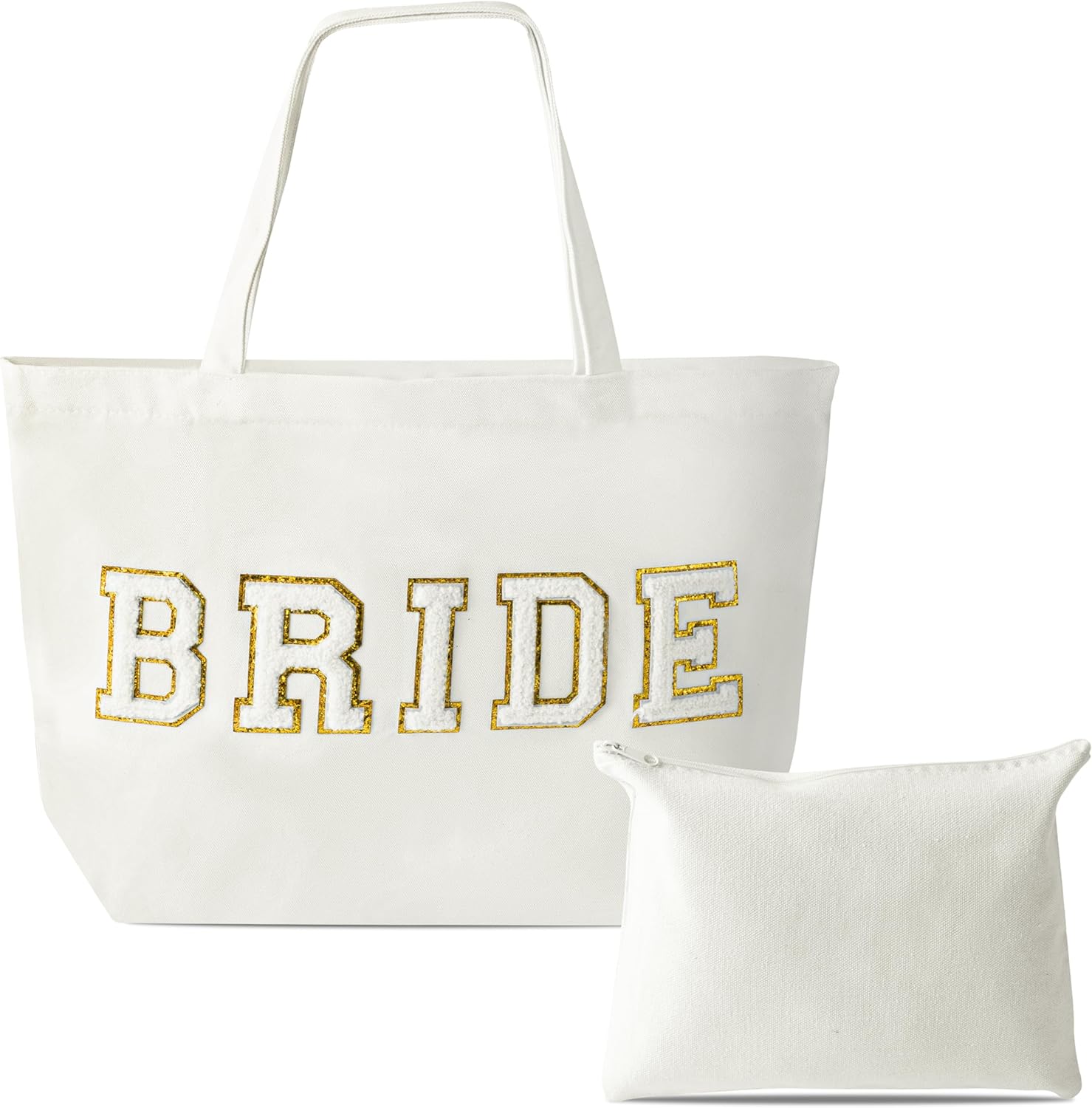 B1ykin 2Pcs Chenille Letter Patches Canvas Tote Bag with Zipper Pocket, Travel Handbag Zipper Pouch Gifts for Women Girls