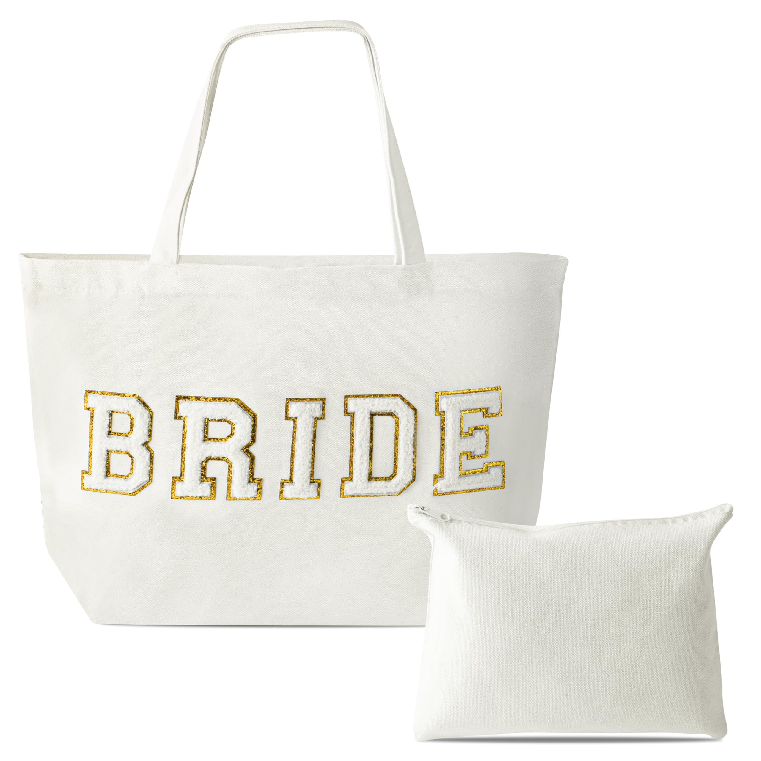 B1ykin 2Pcs Chenille Letter Patches Canvas Tote Bag with Zipper Pocket, Travel Handbag Zipper Pouch Gifts for Women Girls