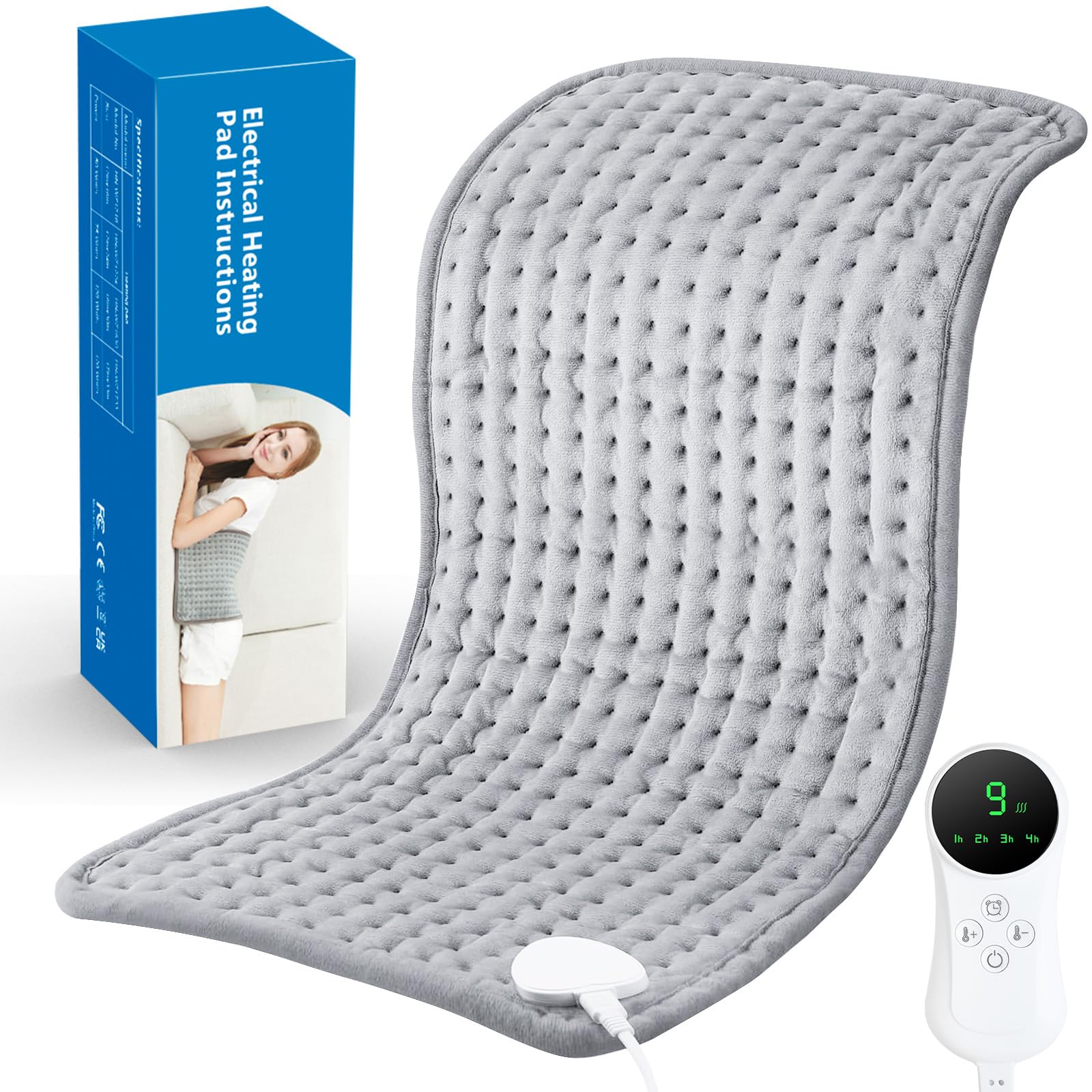 Almohadilla eléctrica 30 X 60 cm Almohadilla eléctrica con apagado automático y 9 ajustes de temperatura, almohadilla eléctrica para espalda, cuello, hombros, estómago