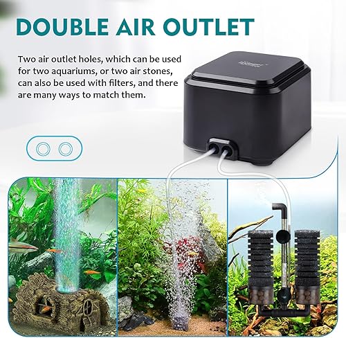 Miniatura 4 de hygger Bomba de aire para acuario más silenciosa, bomba de oxígeno ajustable, 2 salidas de aire, bomba aireadora ultra silenciosa (3.5 W, hasta 120