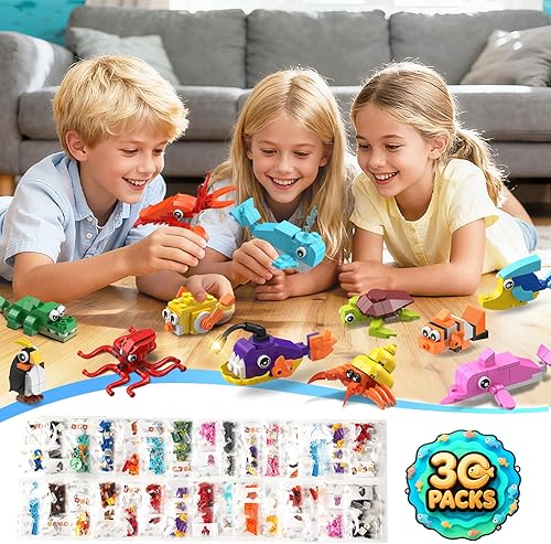 Miniatura 2 de Paquete de 30 recuerdos de fiesta de San Valentín para niños, 824 piezas de bloques de construcción de animales marinos para el día de San Valentín,