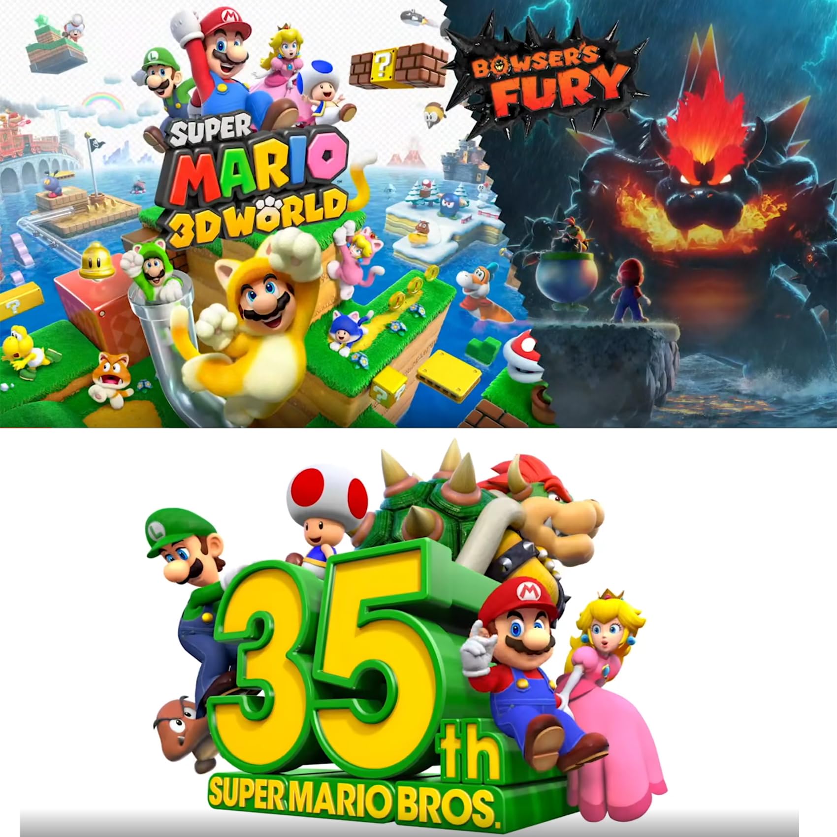 Super Mario 3D World + Bowser's Fury per Nintendo Switch, con impugnature per pollice PremGear (confezione da 8 - nero, blu, rosso e trasparente), porta carte da gioco a 24 slot e panno di pulizia
