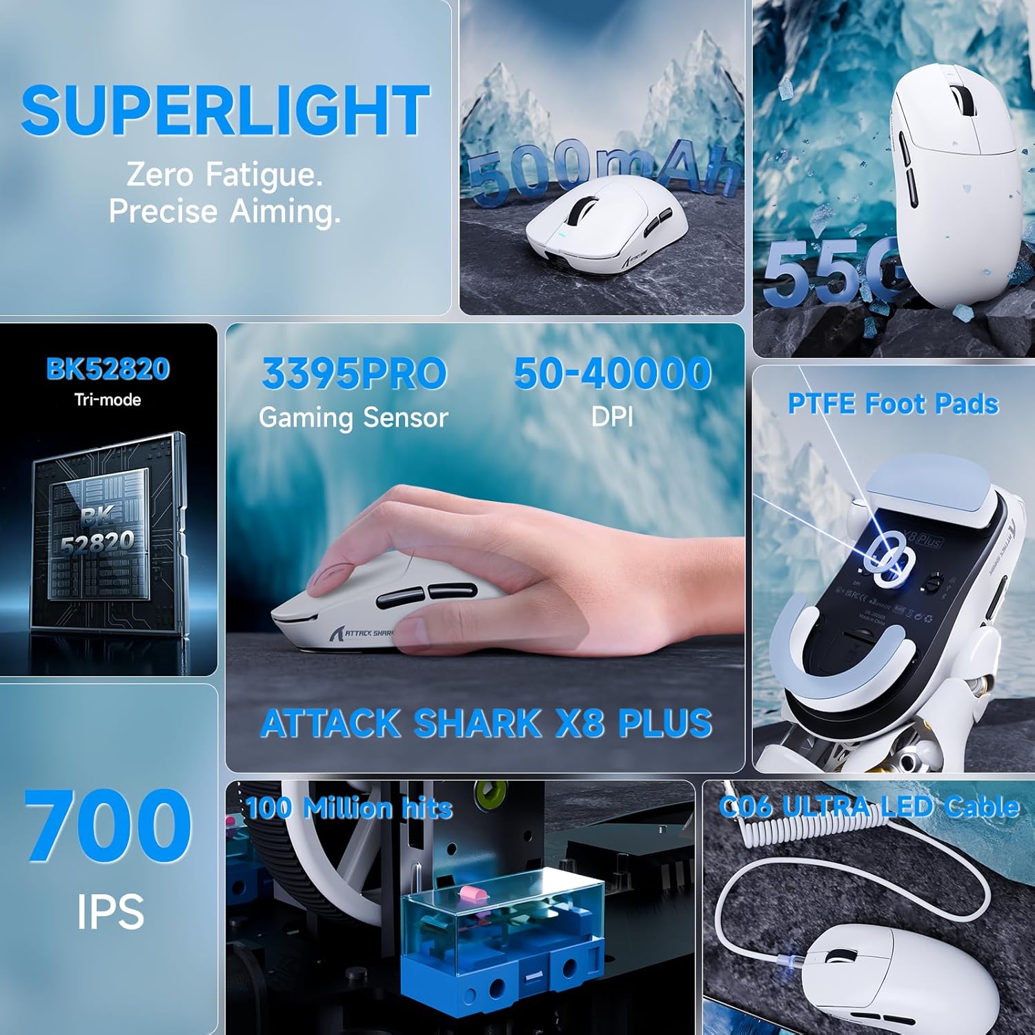 ATTACK SHARK X8Plus 55g Superlight Wireless Gaming Mouse with 40K DPI,PAW 3395PRO Sensor, Broadcom BK52820 Chip,HUANO Switch,Web Driver,Tri-Mode Fit Large Hand Mice with RGB Cable -White