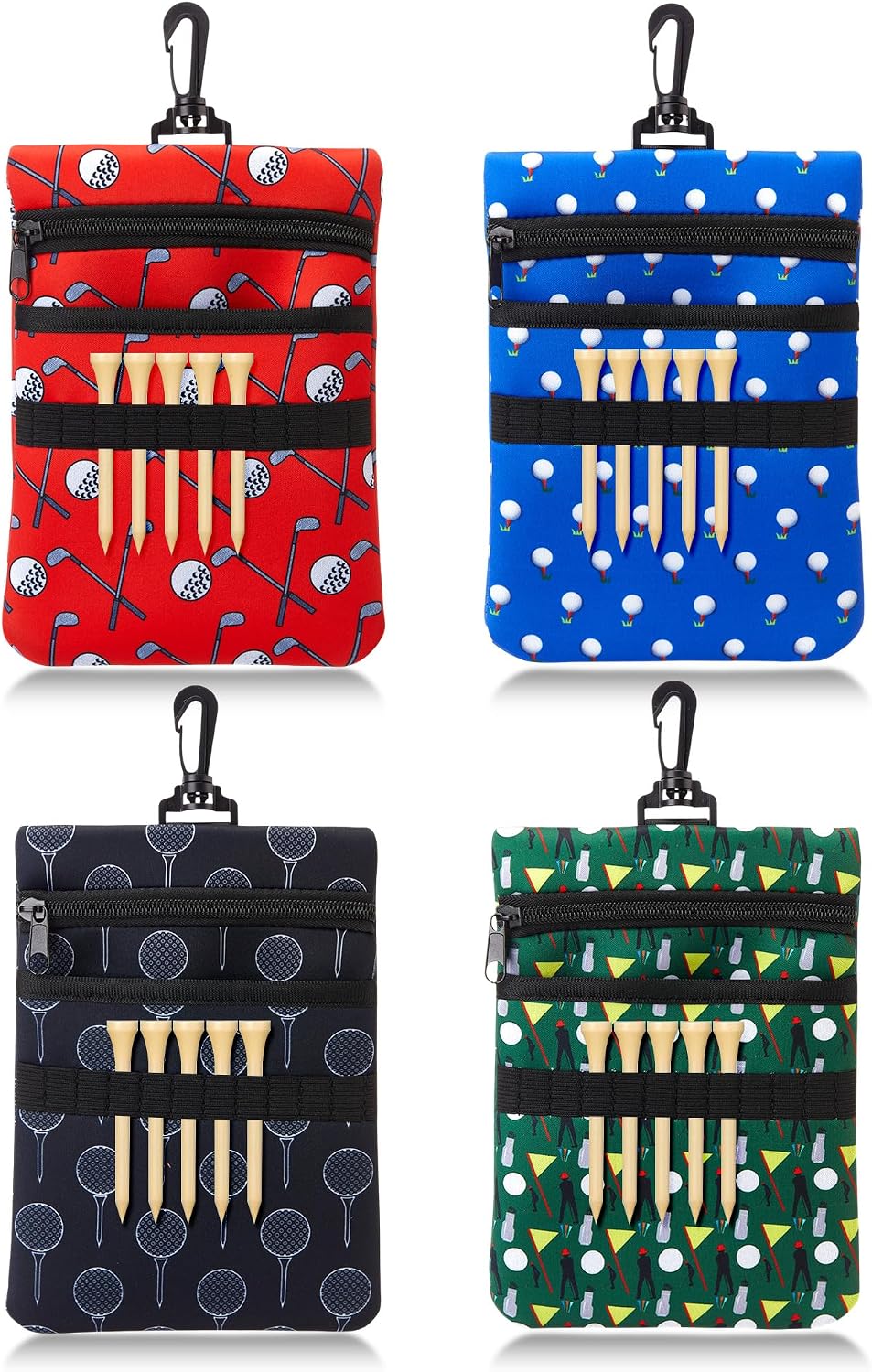 4 Pcs Golf Tee Pouch Bag with Zipper & Metal Lobster Claw Clip, Neoprene Golf Accessory Holder Bag for Balls, Markers, Tees, Gift for Men Women Golfers